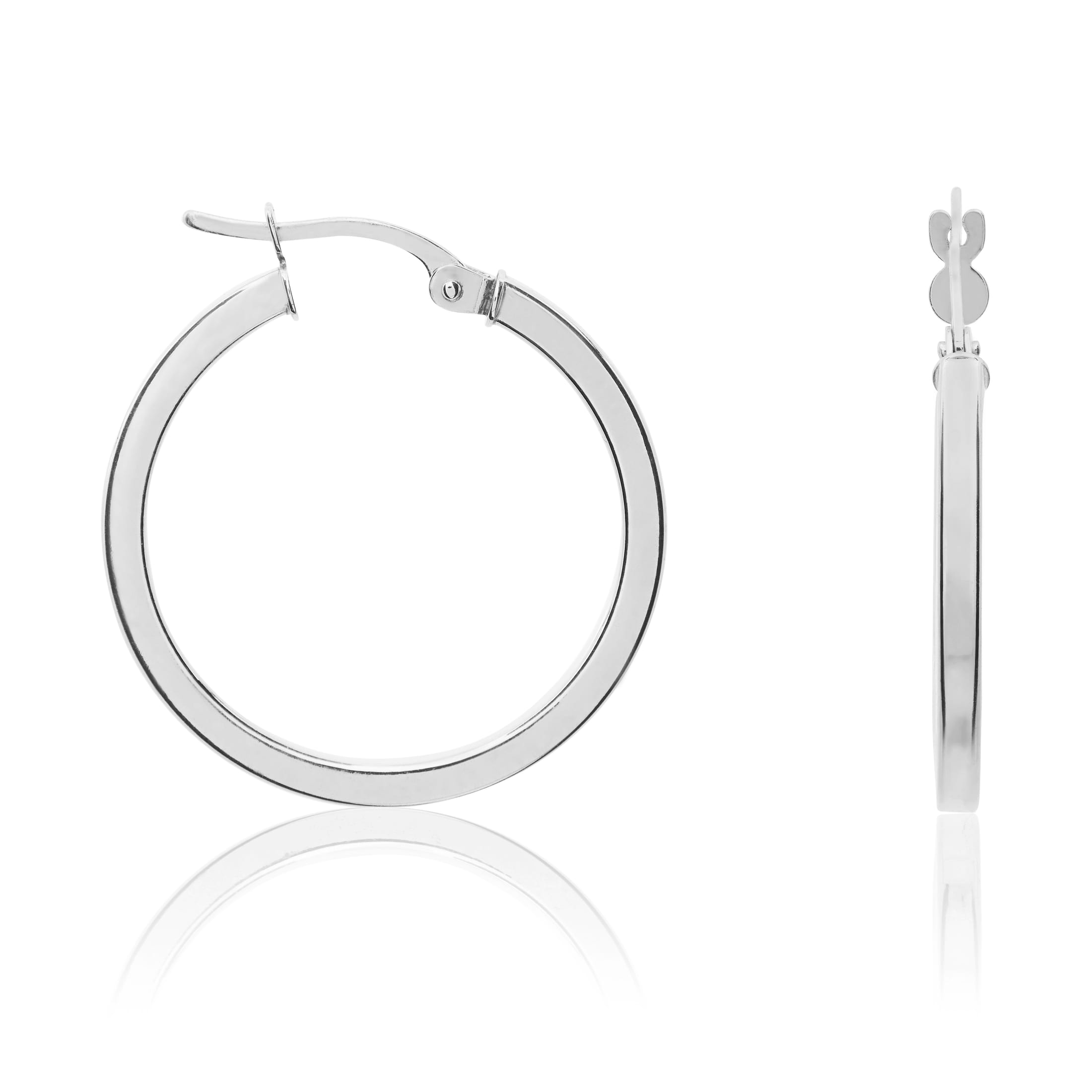 9ct White Gold 2mm Square Tube Round Hoop Earrings 24mm Diameter