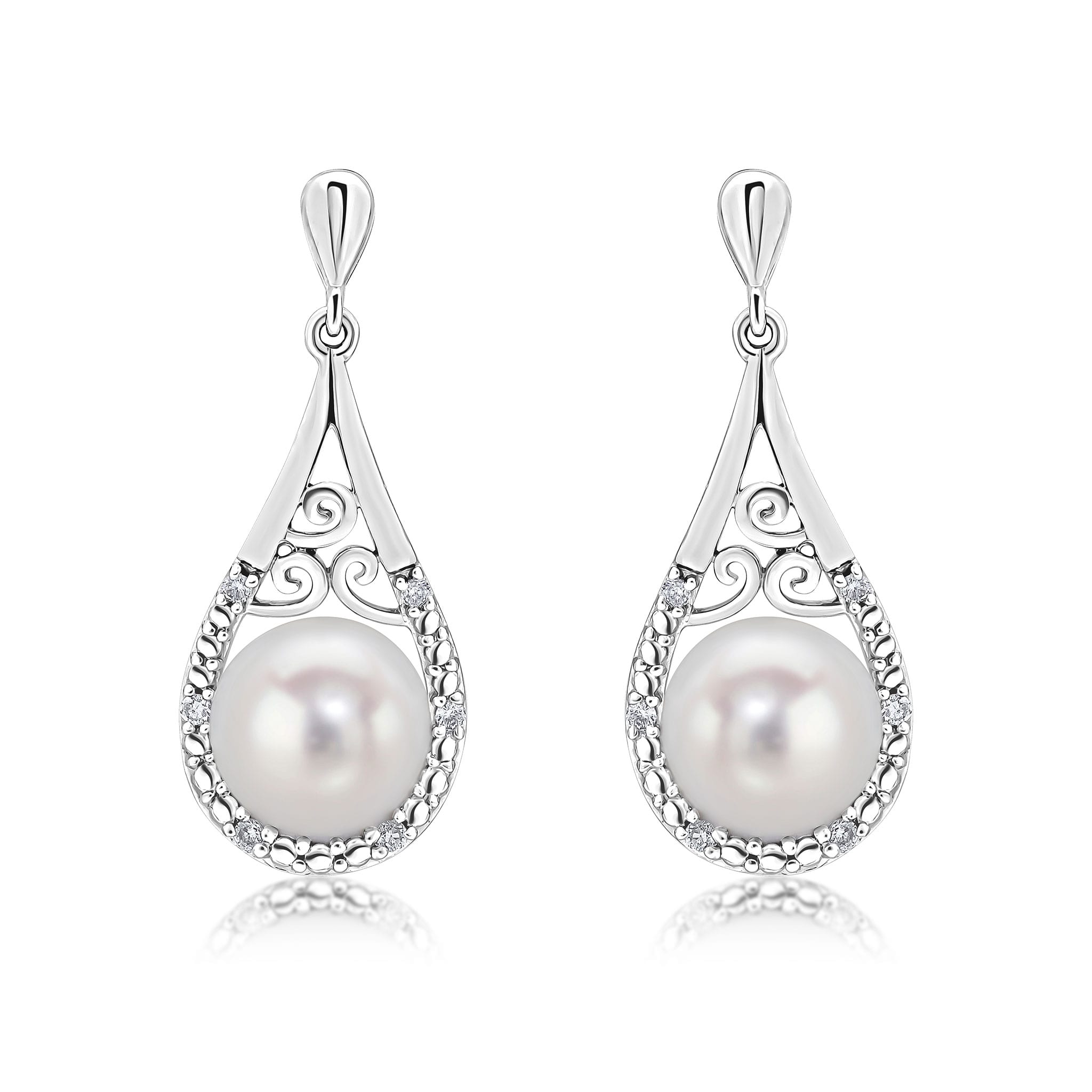 9ct white gold cultured freshwater water pearl & Grain Set diamond pear shape Drop Earrings