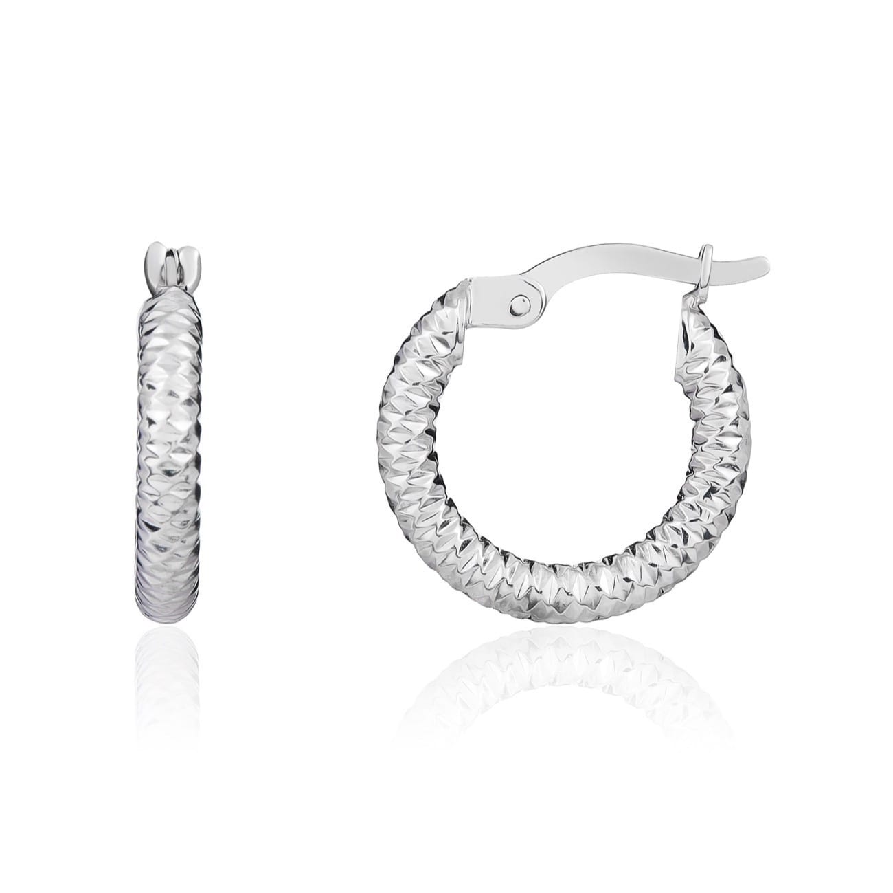 9ct White Gold Diamond Cut Small Hoop Earrings. 15mm Outer Diameter