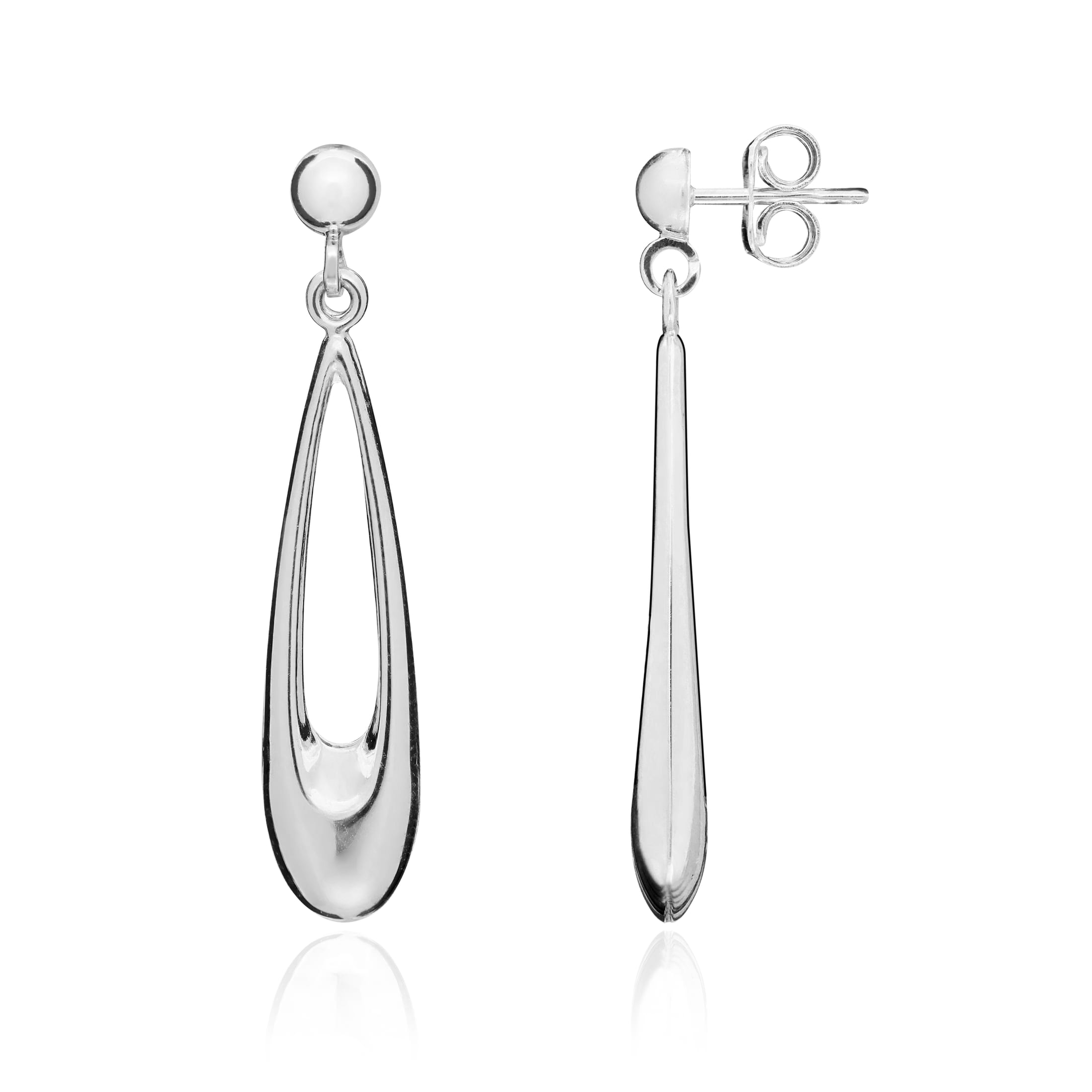 9ct White Gold Long Open Pearshape Drop Earrings With Polished Half