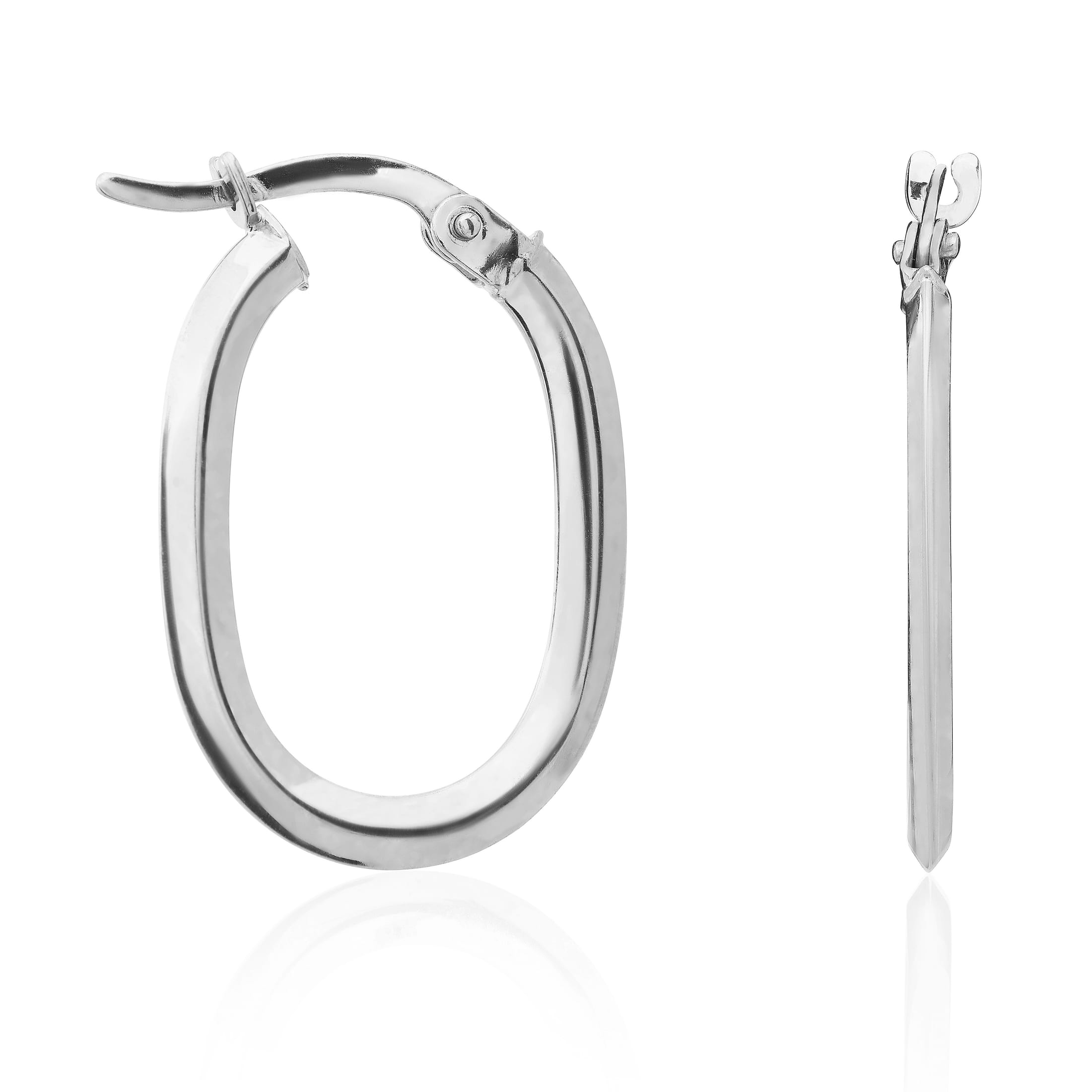 9ct white gold Polished Flat Bevelled Oval Hoop Earrings