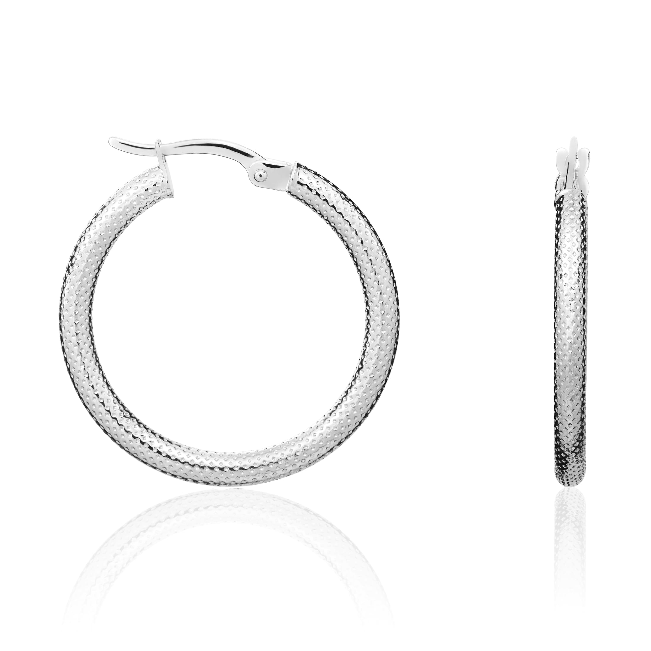 9ct White Gold Stippled Round Hoop Earrings. 24mm Outer Diameter