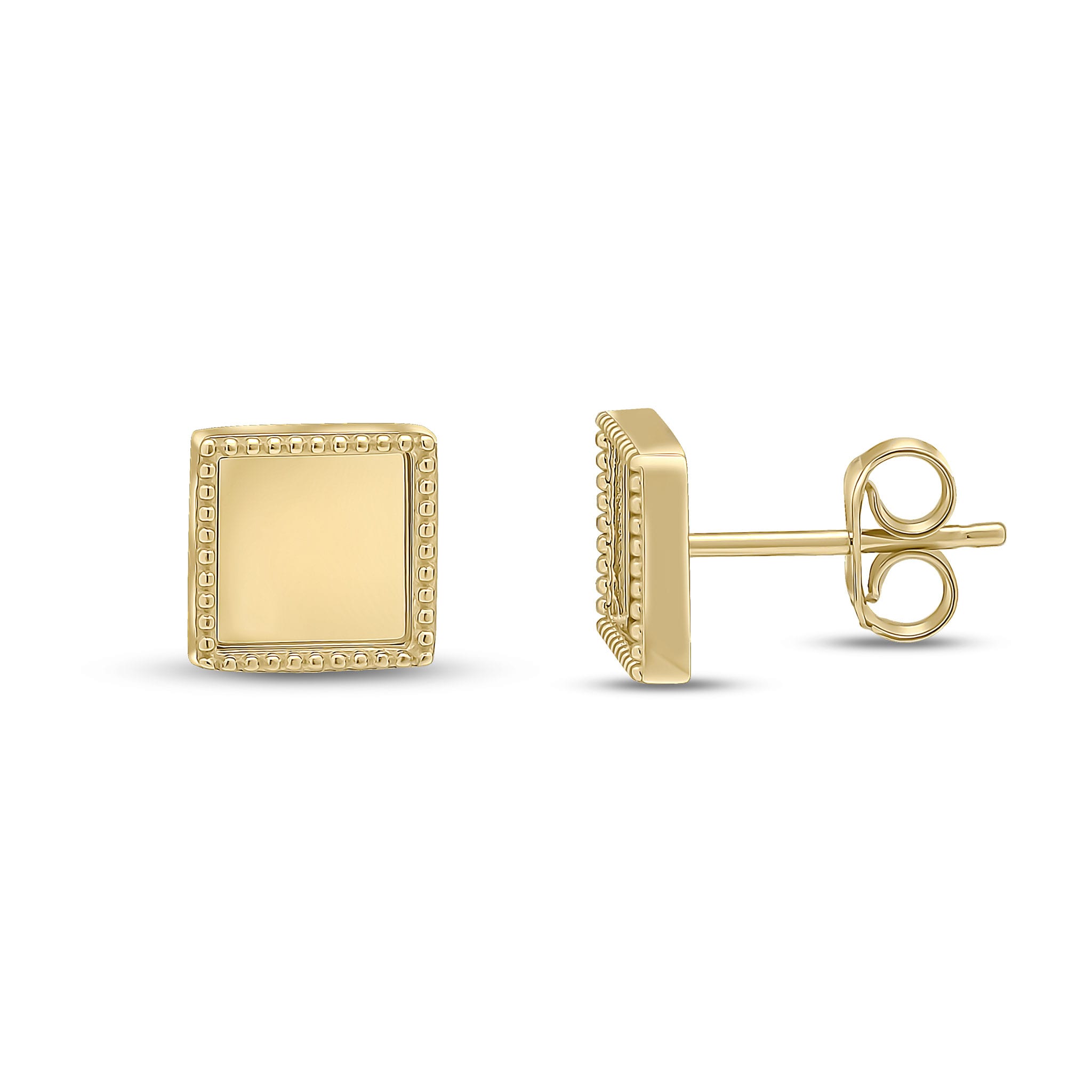 9ct Yellow Gold Plain Square Stud Earrings With Beaded Edge