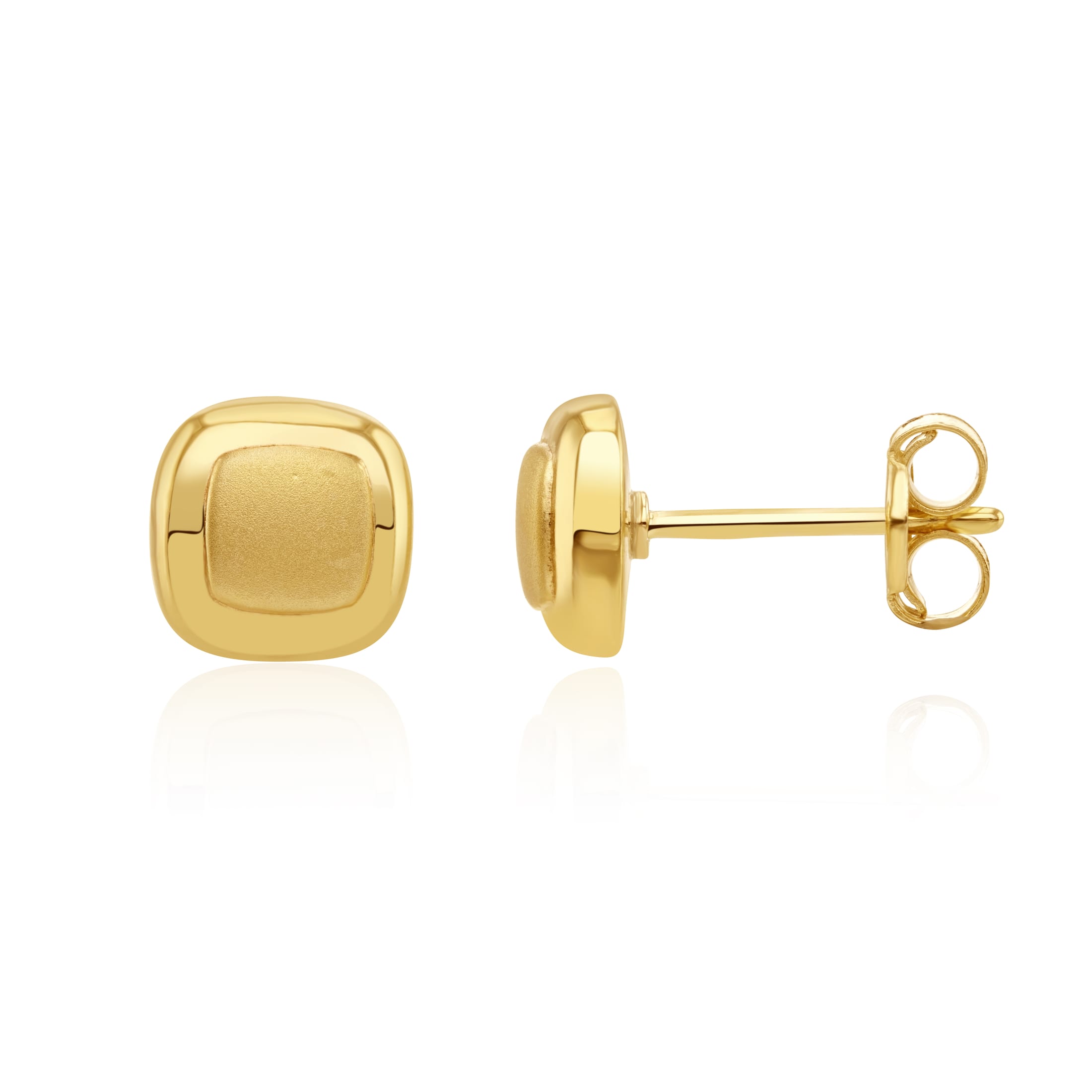 9ct yellow gold Satin Finish Centre, Polished Borounder Cushion-Shape Stud earrings.