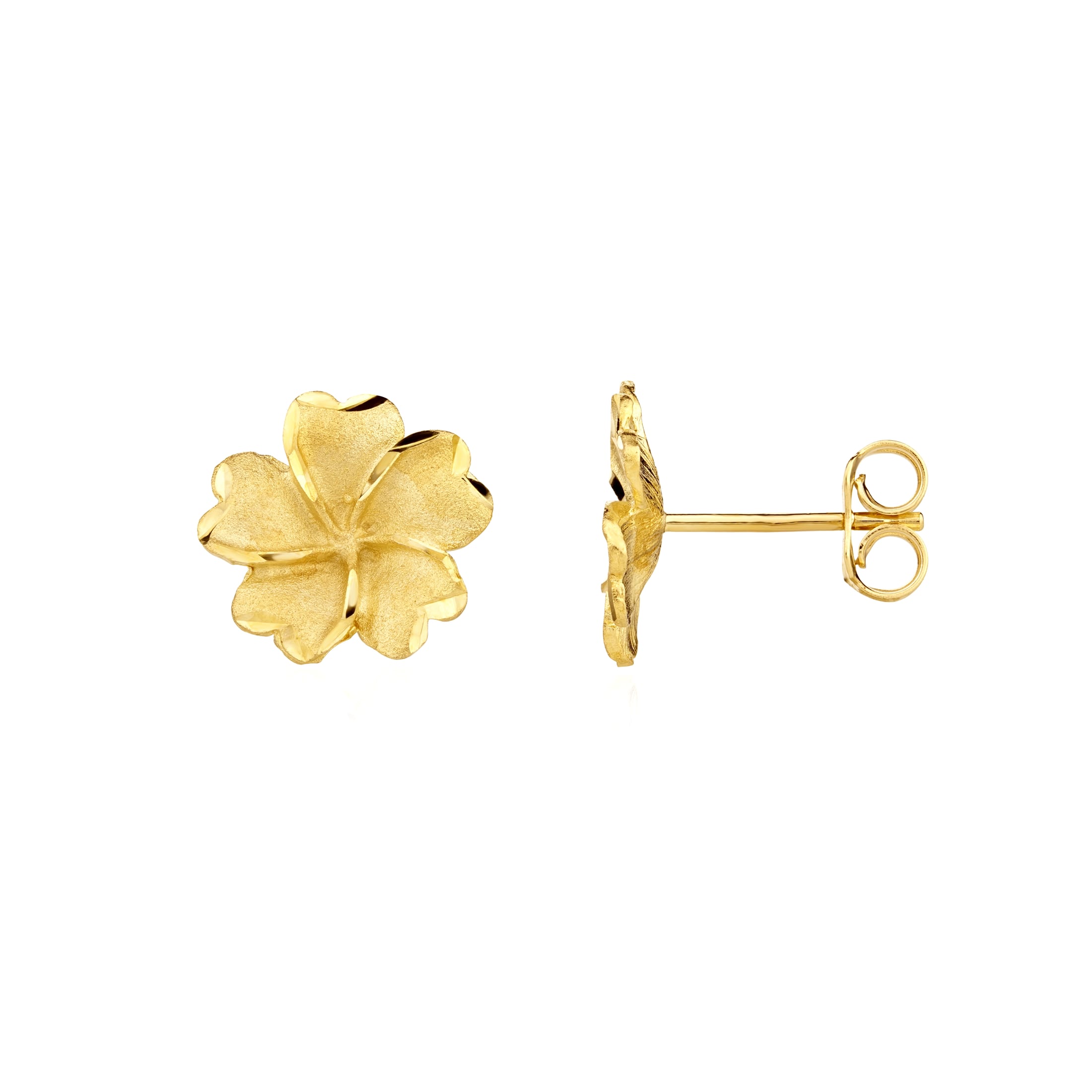 9ct Yellow Gold Satin & Polished Edge Flower Stud Earrings