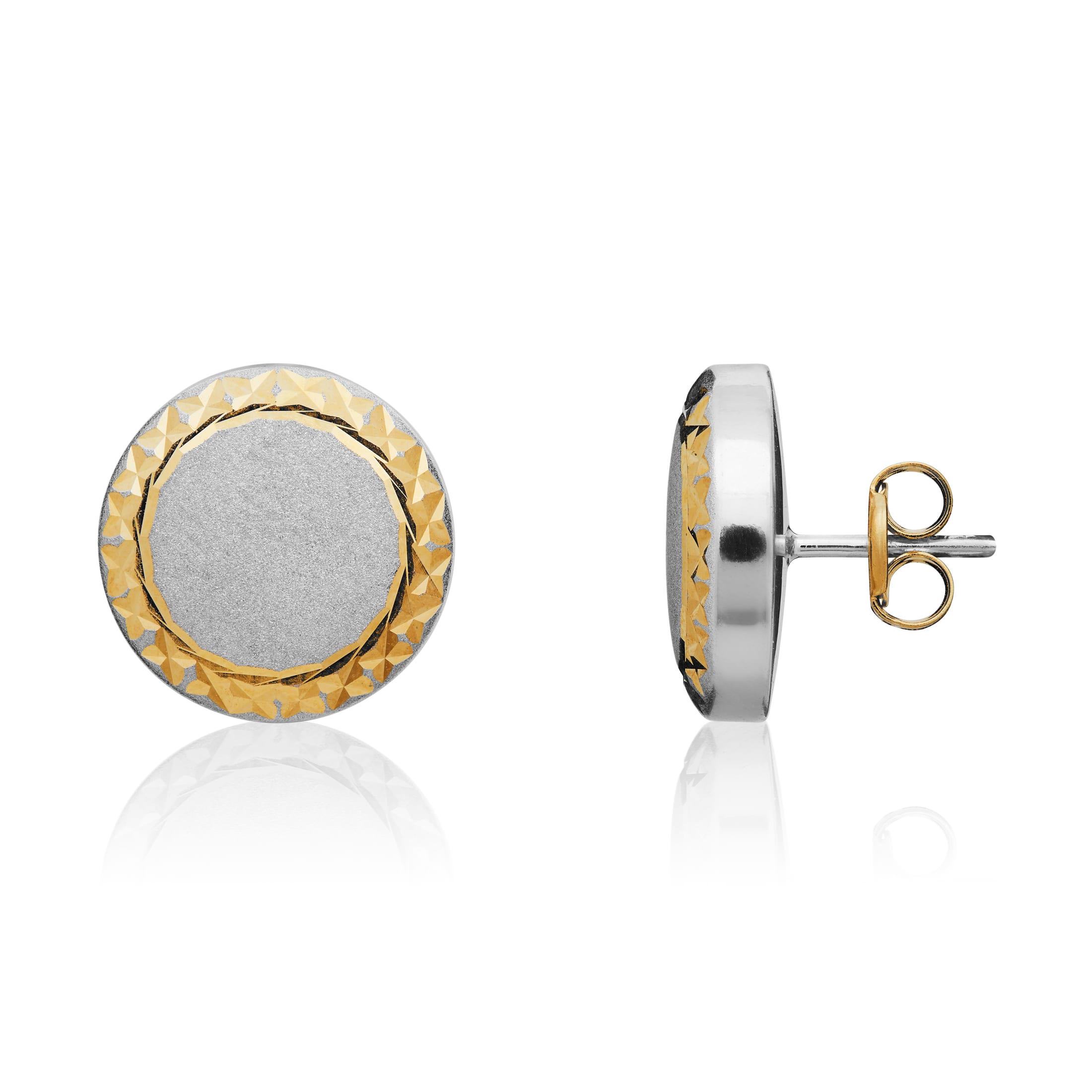 9ct yellow goldwhite gold satin & diamond Cut round earrings