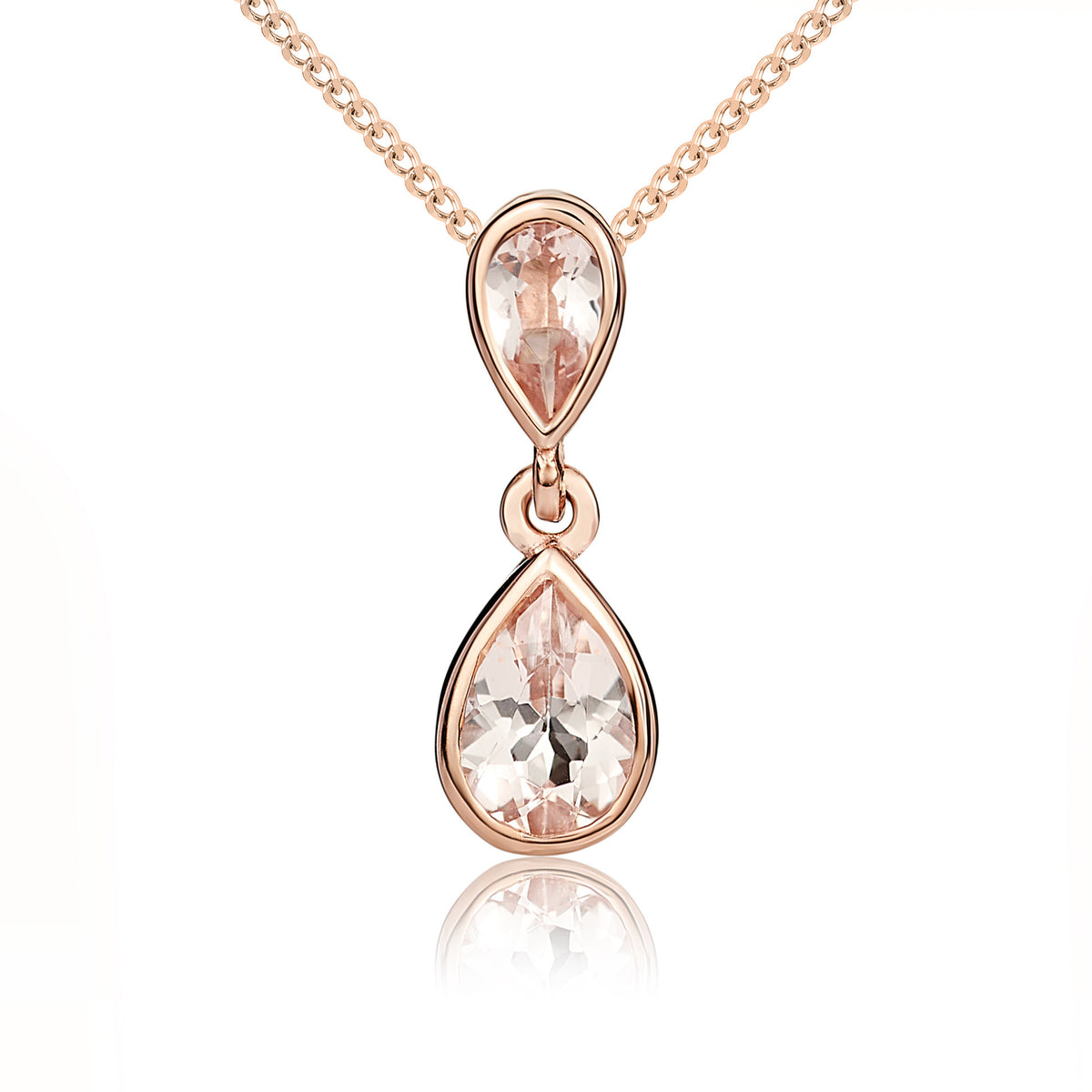 9ct Rose Gold Pear Shaped Morganite Rubover Double Drop Pendant
