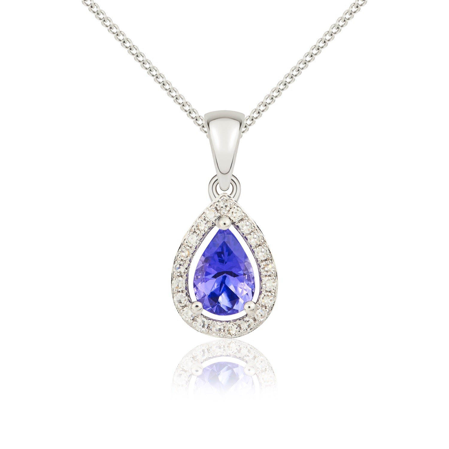 9ct white gold 6 x 4 mm pear shape Tanzanite & diamond Halo Claw cluster pendant