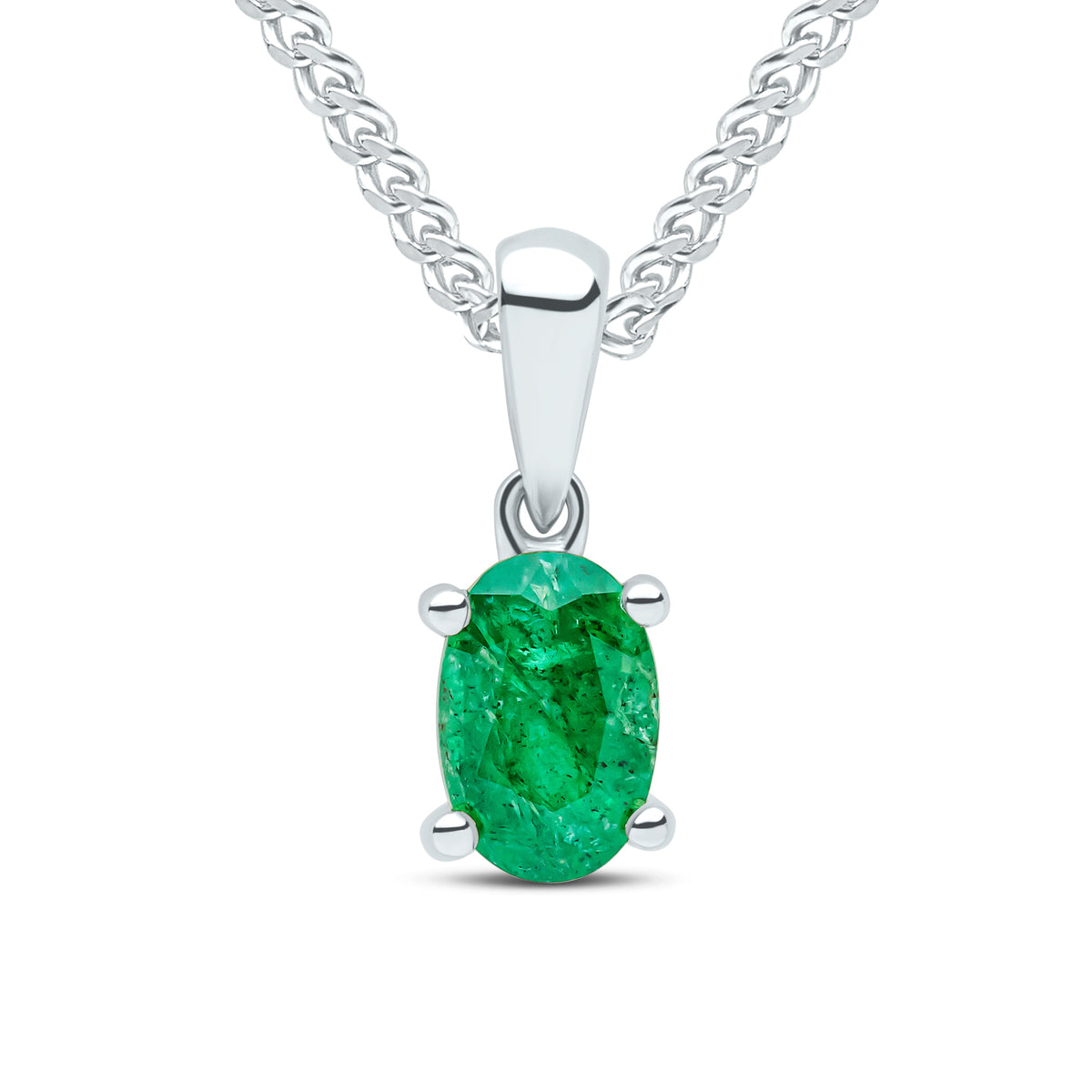 9ct White Gold 6x4 Oval Emerald Claw Set Pendant