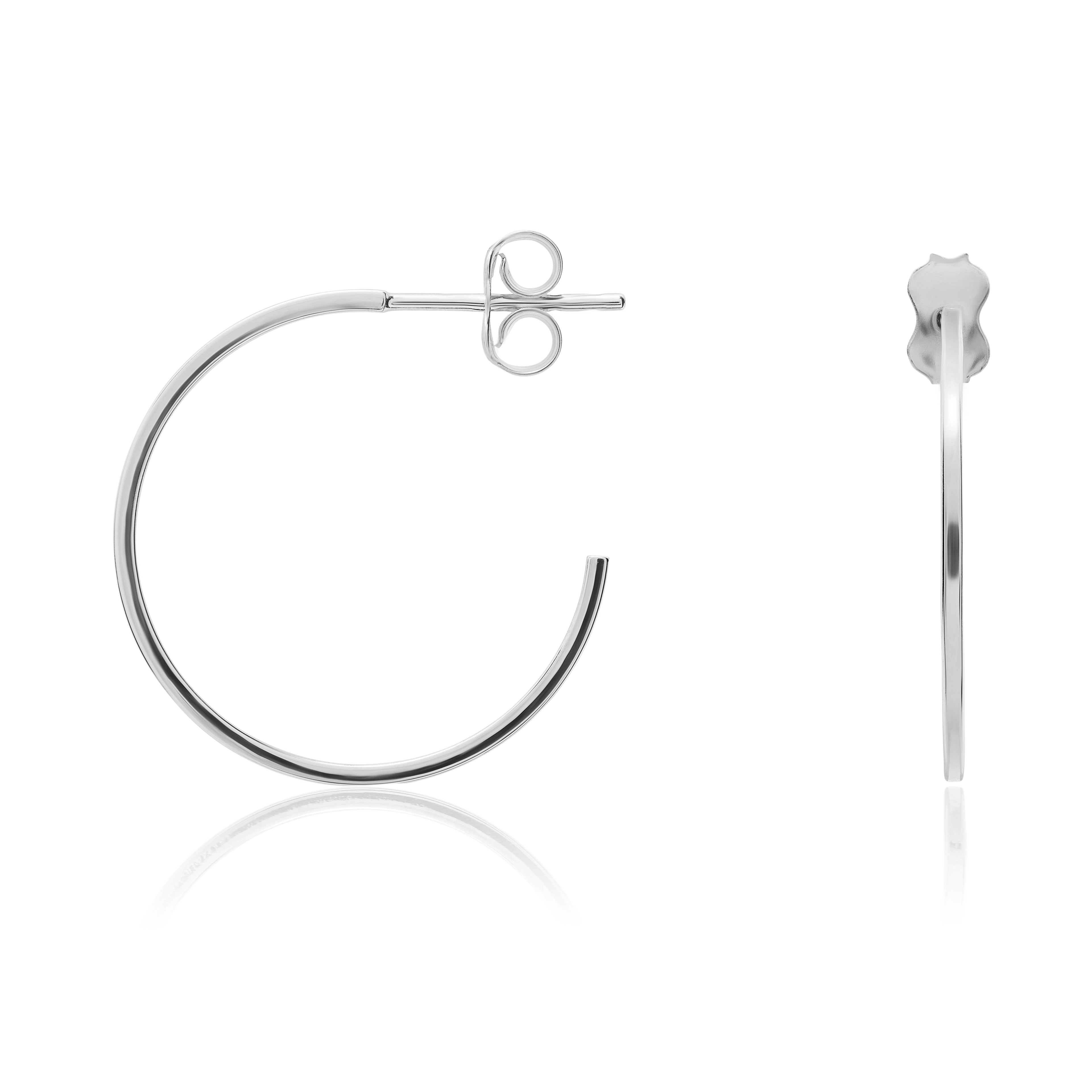 9ct White Gold Thin Square Tube Peg & Scroll Hoop Earrings. 22mm Di