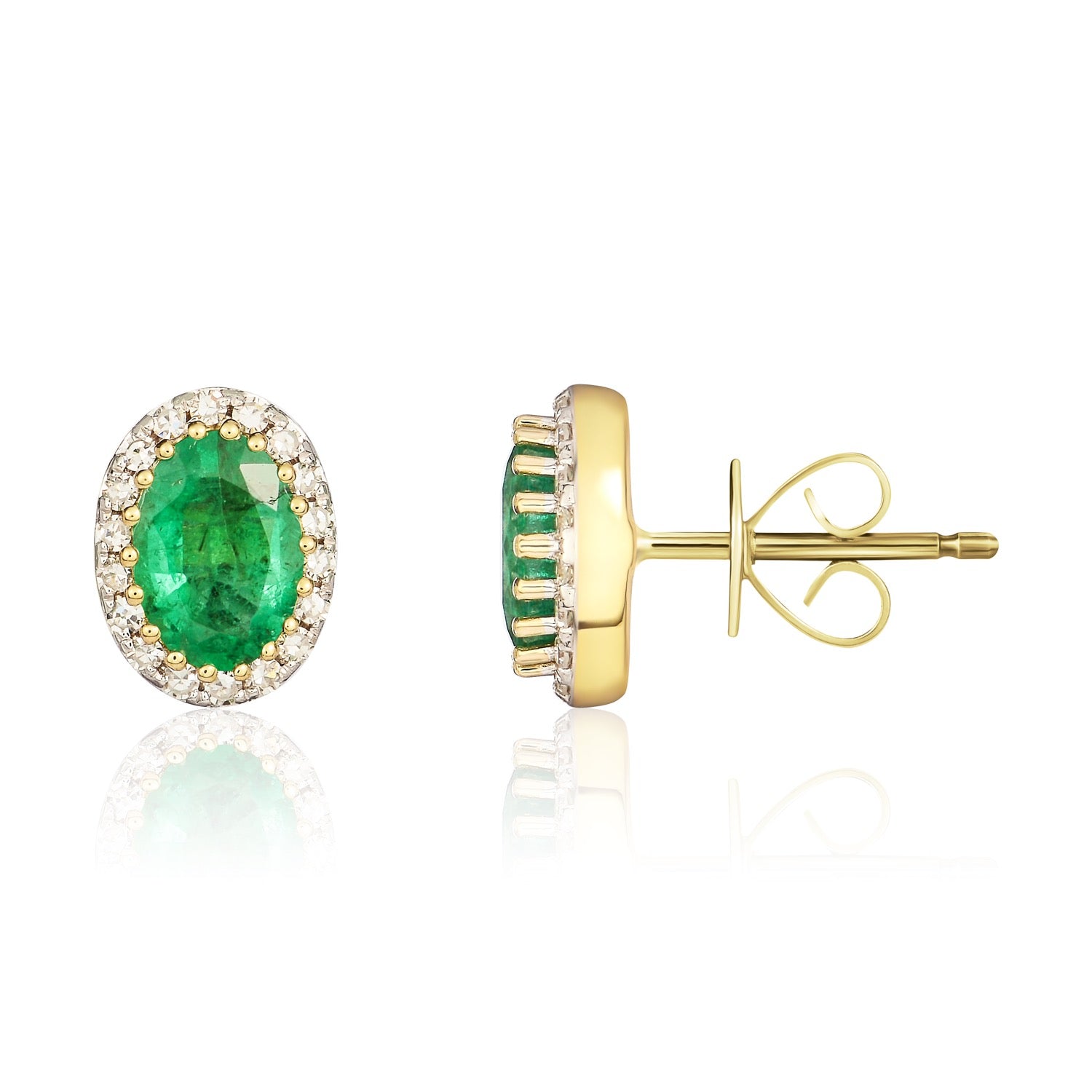 9ct Yellow Gold 6x4 Oval Emerald & Diamond Claw Set Cluster Earrings Rhodium to Diamonds