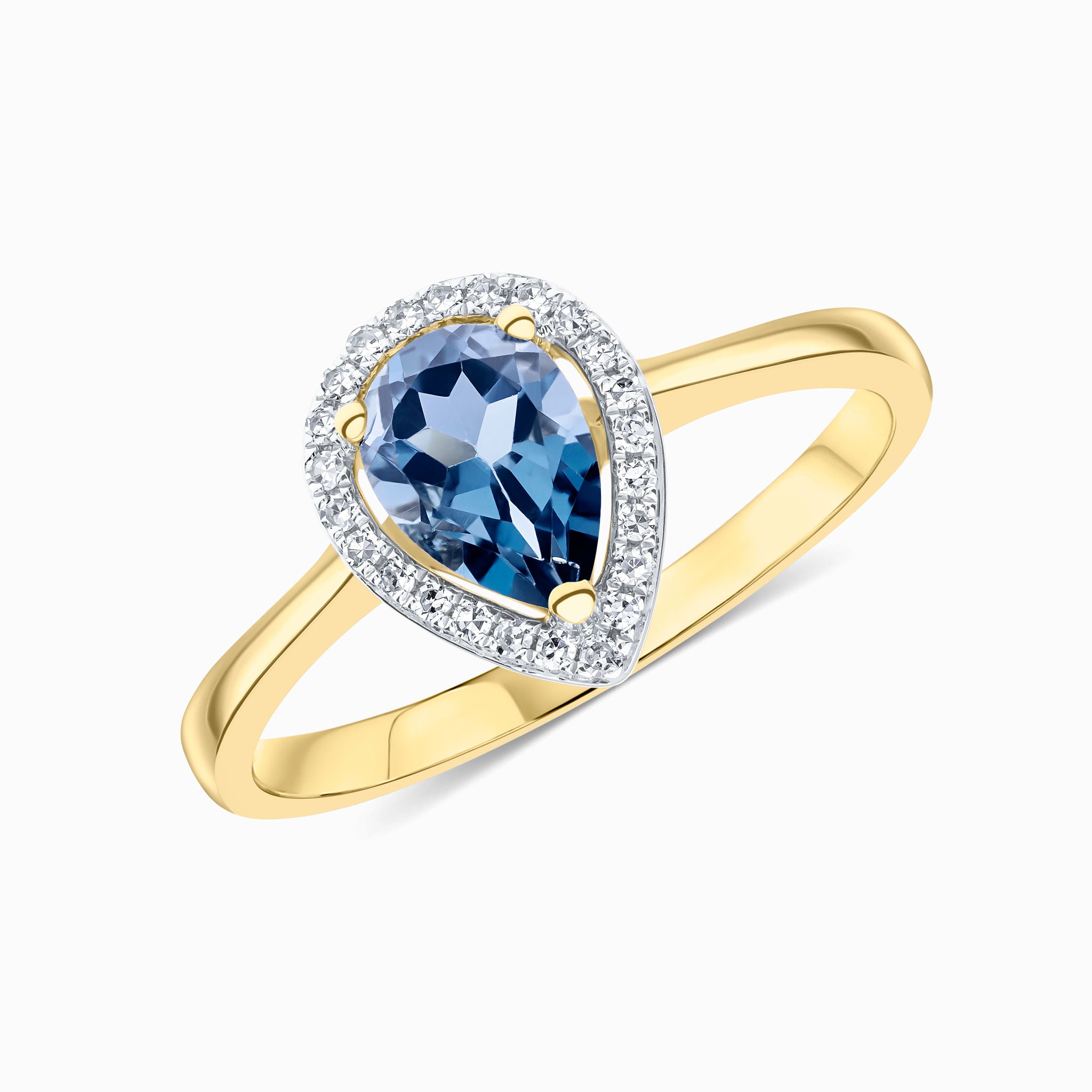 9ct Yellow Gold 7x5 Pear Shape London Blue Topaz & Round Diamond Claw Set Halo Cluster Ring Rhodium to Diamonds