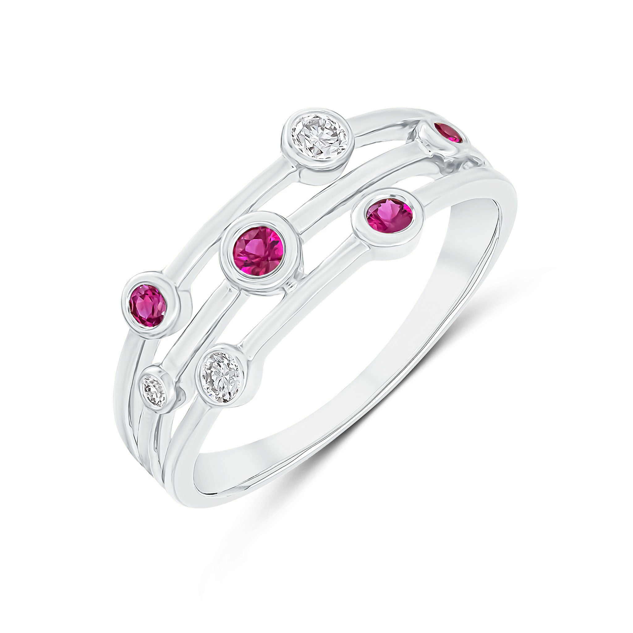 9ct White Gold Ruby and Diamond 3 Row Bubble Ring