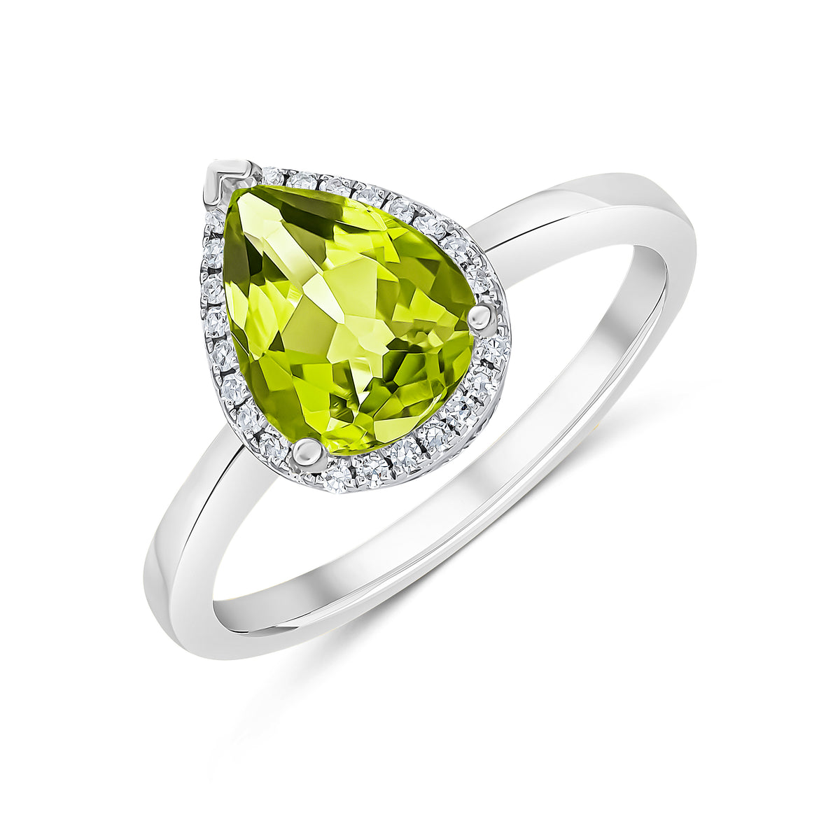9ct White Gold 9x7 Pear Shape Peridot & Diamond Claw Set Cluster Ring