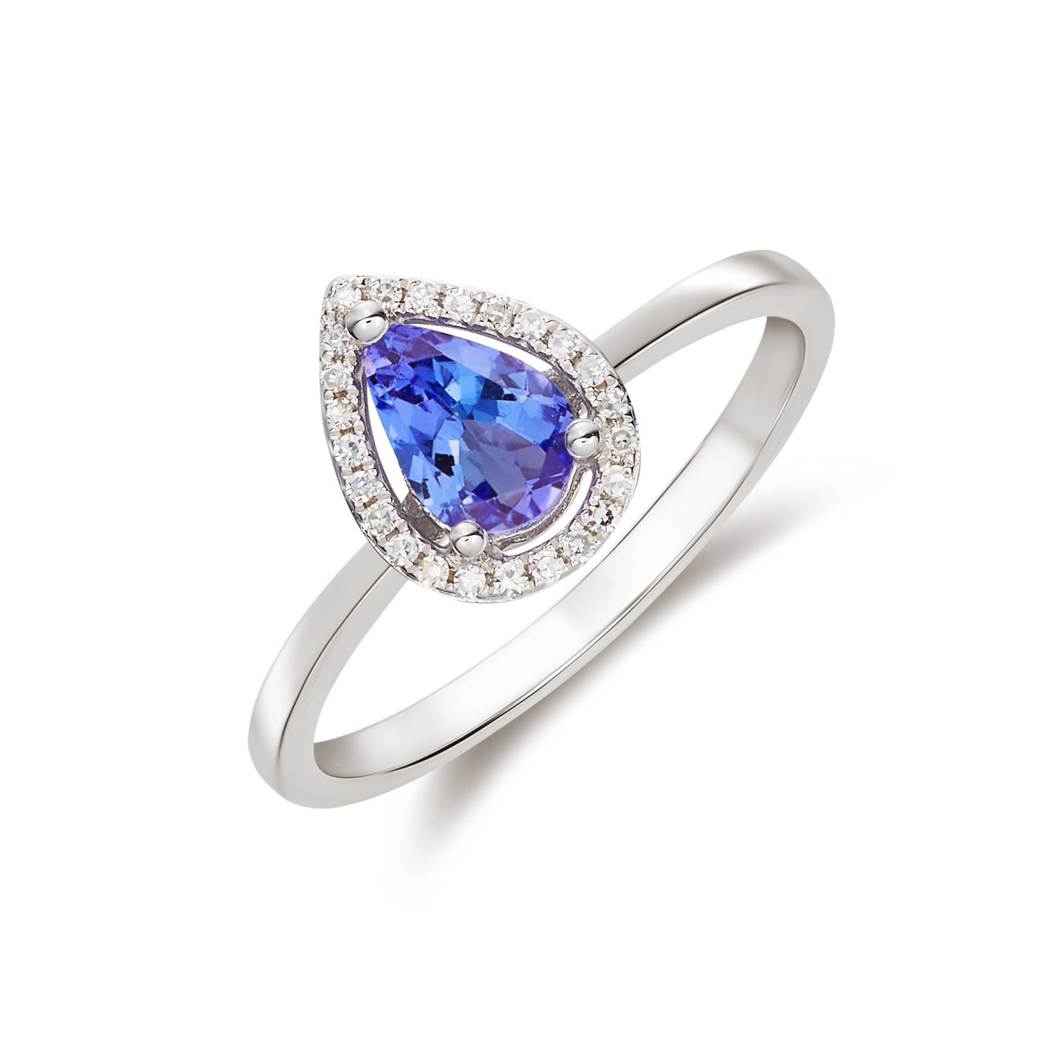 9ct White Gold 7x5 Pear Shape Tanzanite & Round Diamond Claw Set Halo Cluster Ring