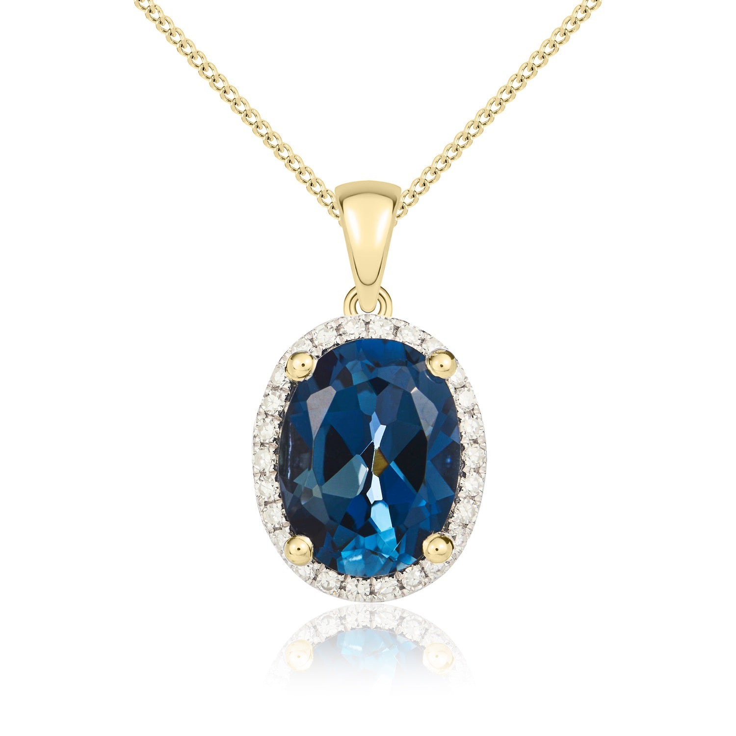 9ct Yellow Gold 9x7 London Blue Topaz & Diamond Claw Set Cluster Pendant Rhodium to Diamonds