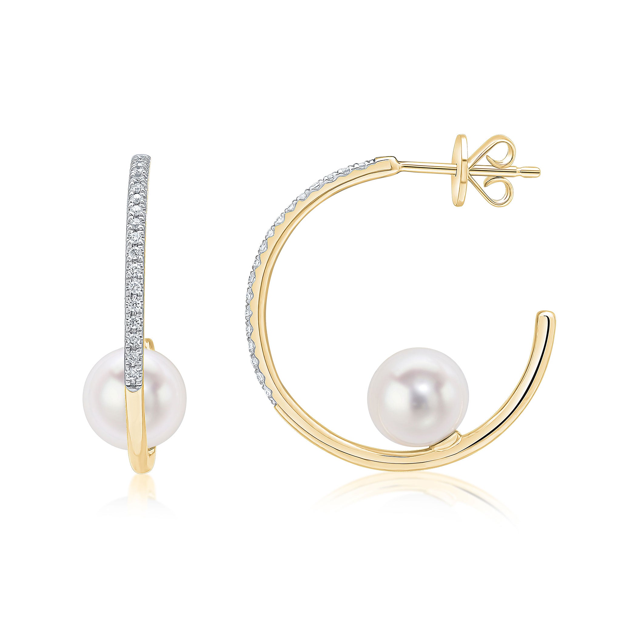 9ct Yellow Gold Diamond Hoop Earrings with 7mm Pearl Rhodium to Diamonds