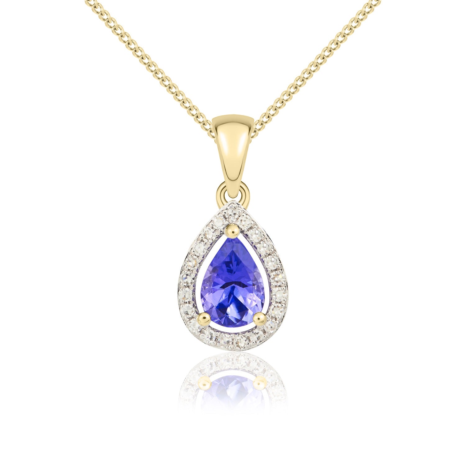 9ct Yellow Gold 6x4 Pear Shape Tanzanite & Diamond Halo Claw Cluster Pendant Rhodium to Diamonds