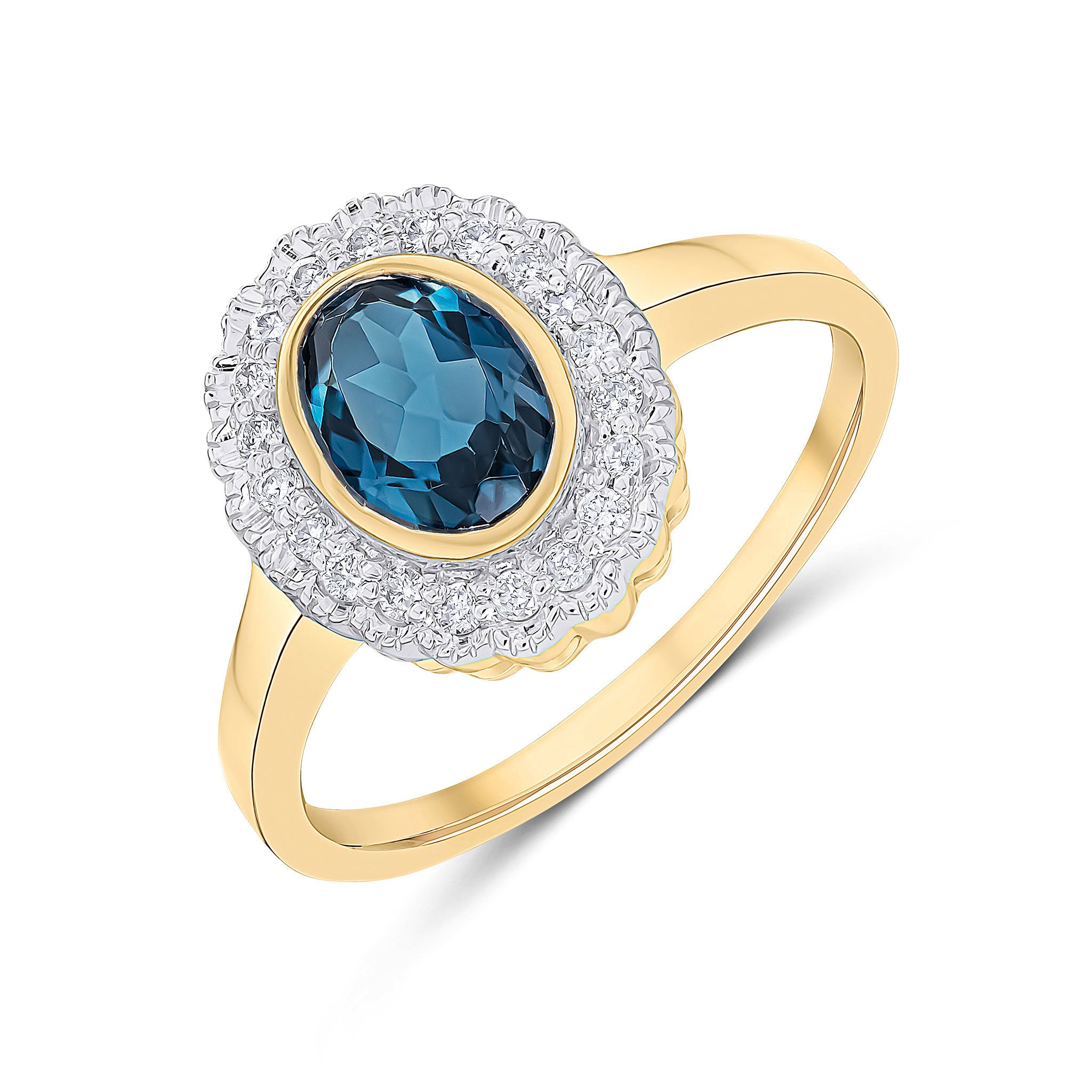 9ct Yellow Gold Rubover Oval London Blue Topaz and Milgrain Round Diamond Cluster Ring Rhodium to Diamonds