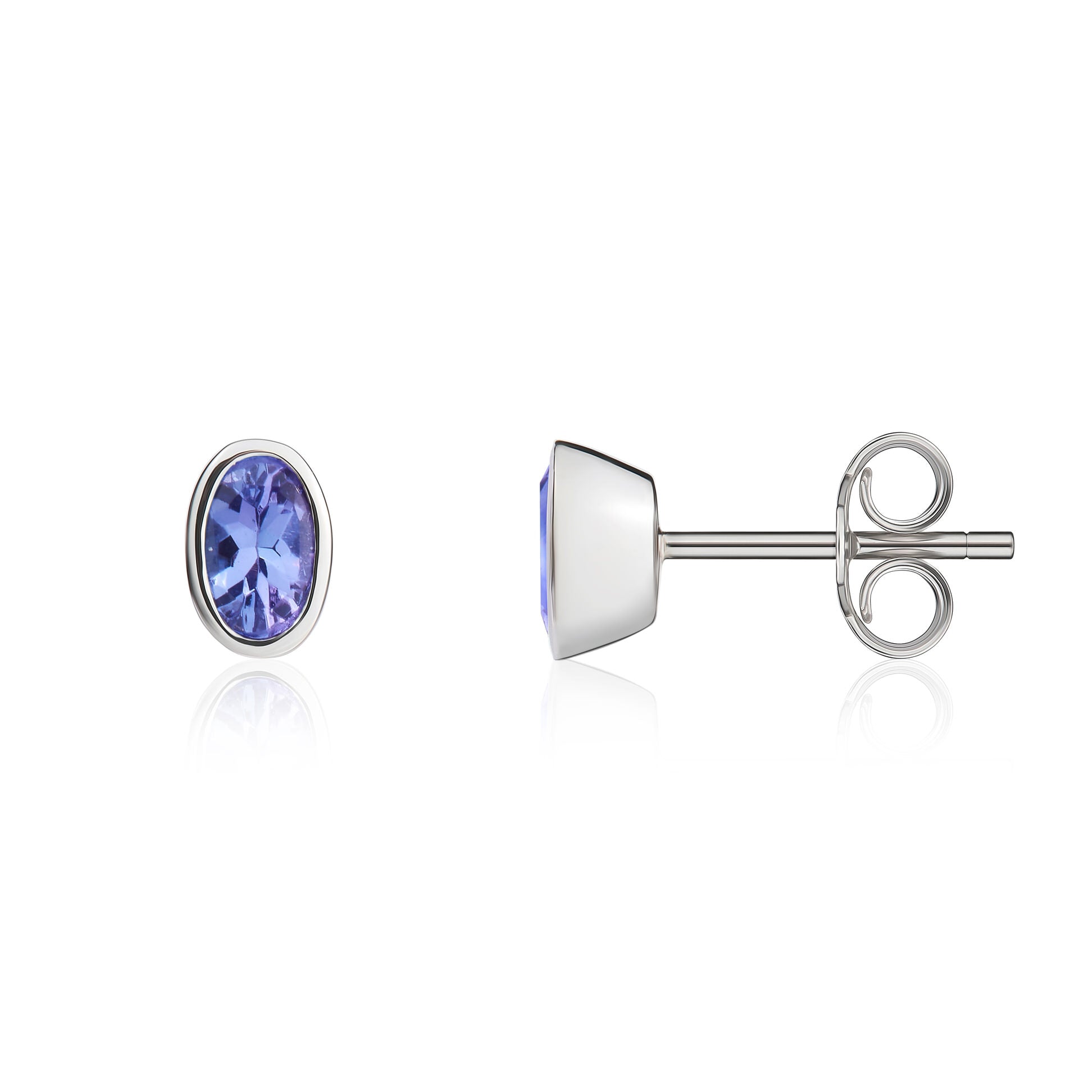 9ct White Gold 4x3 Oval Tanzanite Rubover Set Earrings