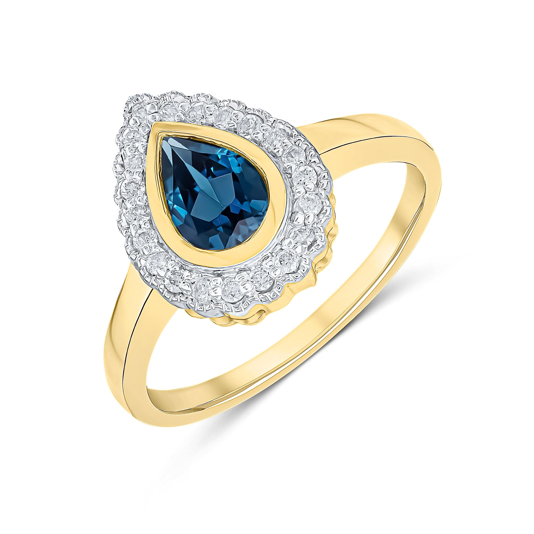 9ct Yellow Gold Pear Shape Rubover London Blue Topaz and Milgrain Round Diamond Cluster Ring Rhodium to Diamonds