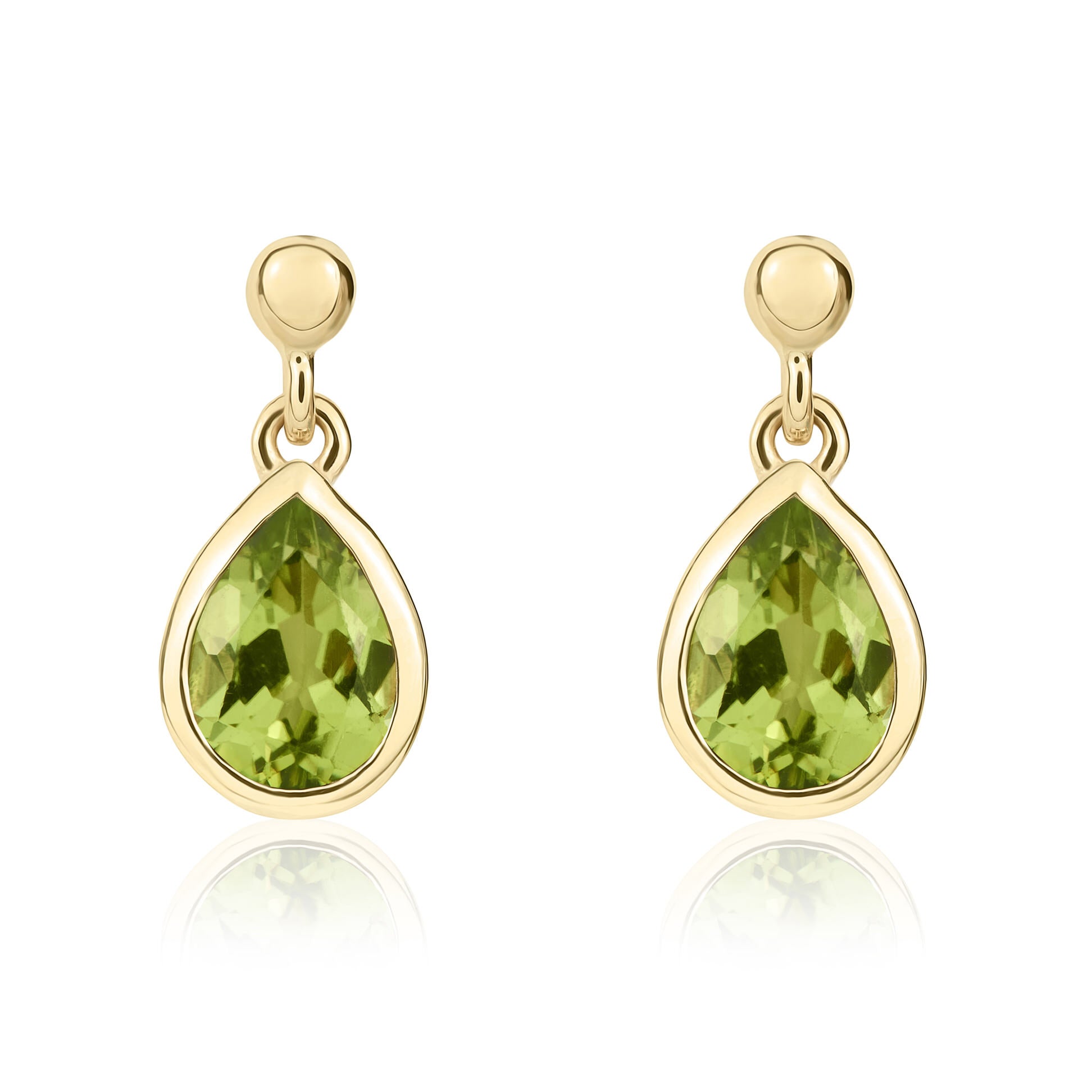 9ct Yellow Gold 7x5 Pear Shape Peridot Rubover Drop Earrings with Bead Stud Top