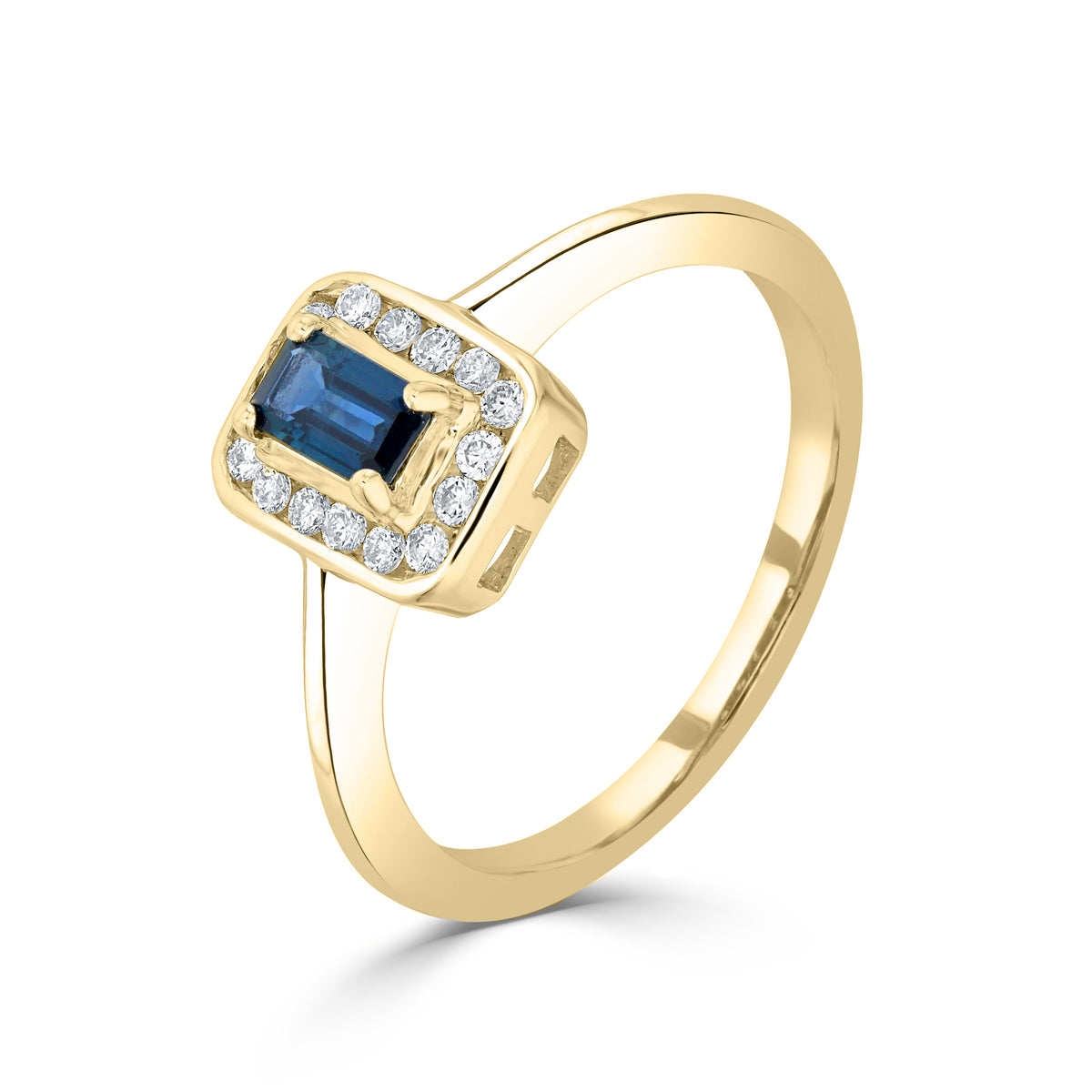 9ct Yellow Gold Claw Set 5x3 Octagon Sapphire and Channel Set Round Diamond Cluster Ring