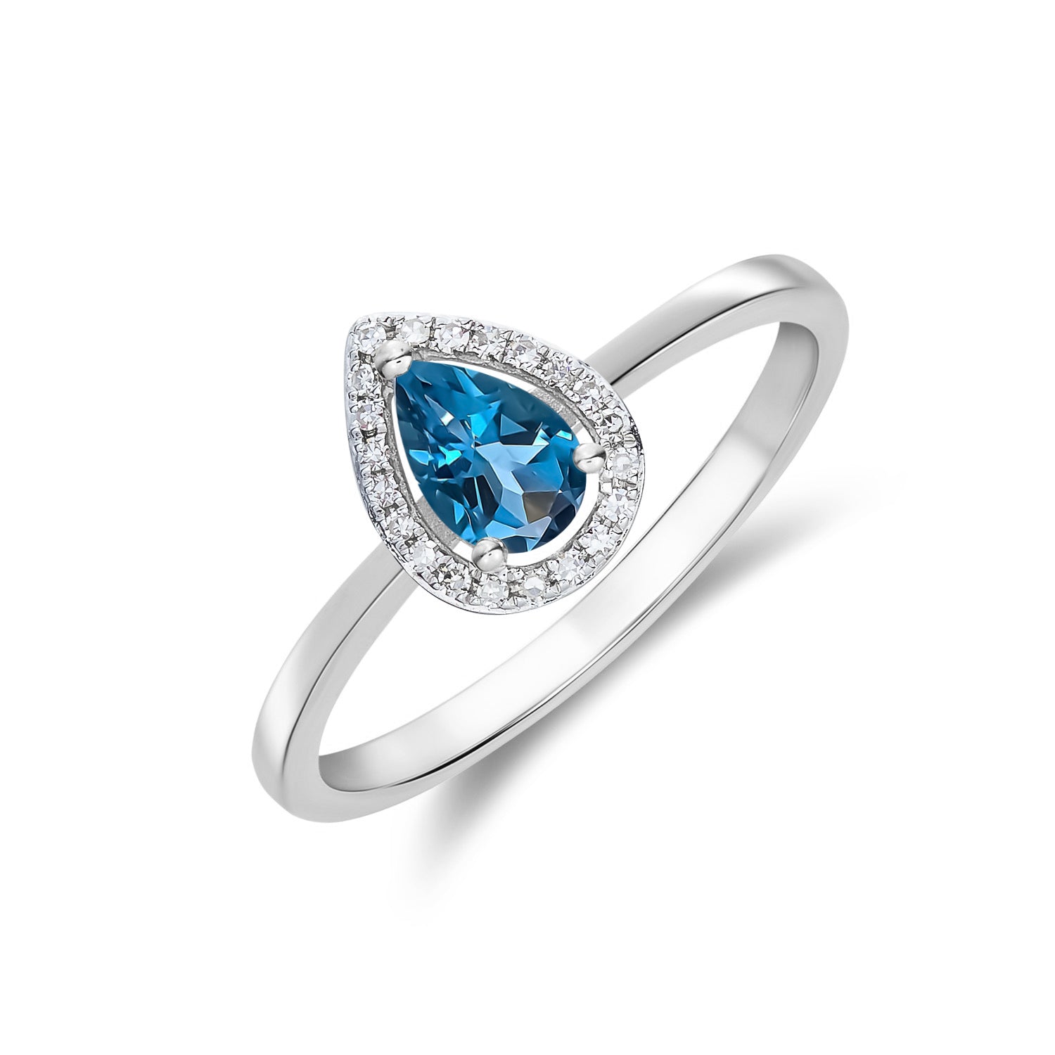 9ct White Gold 6x4 Pear Shape London Blue Topaz & Diamond Halo Claw Cluster Ring