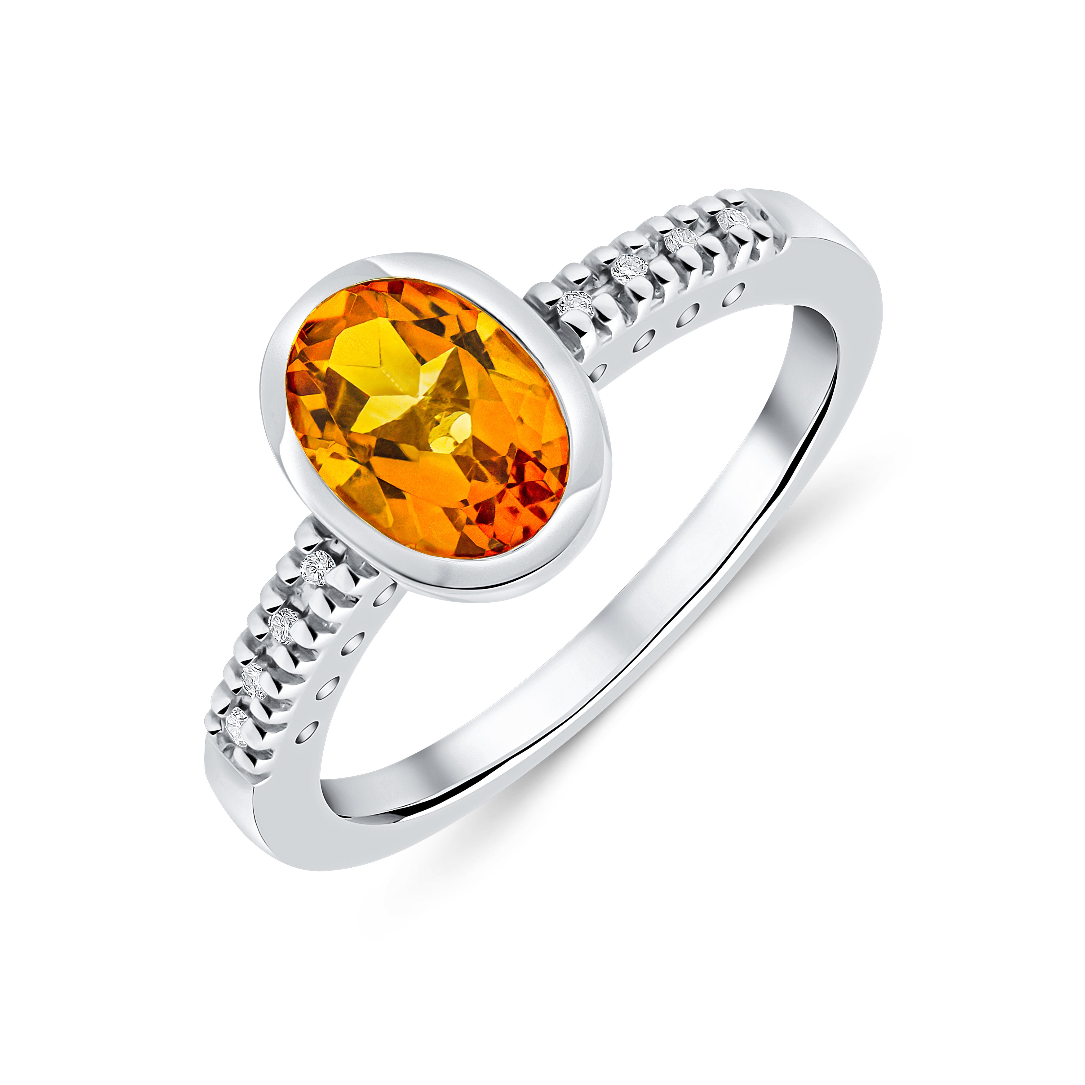 9ct White Gold Rubover 8x6 Oval Citrine Single Stone Ring with Claw Set Diamond Shoulders