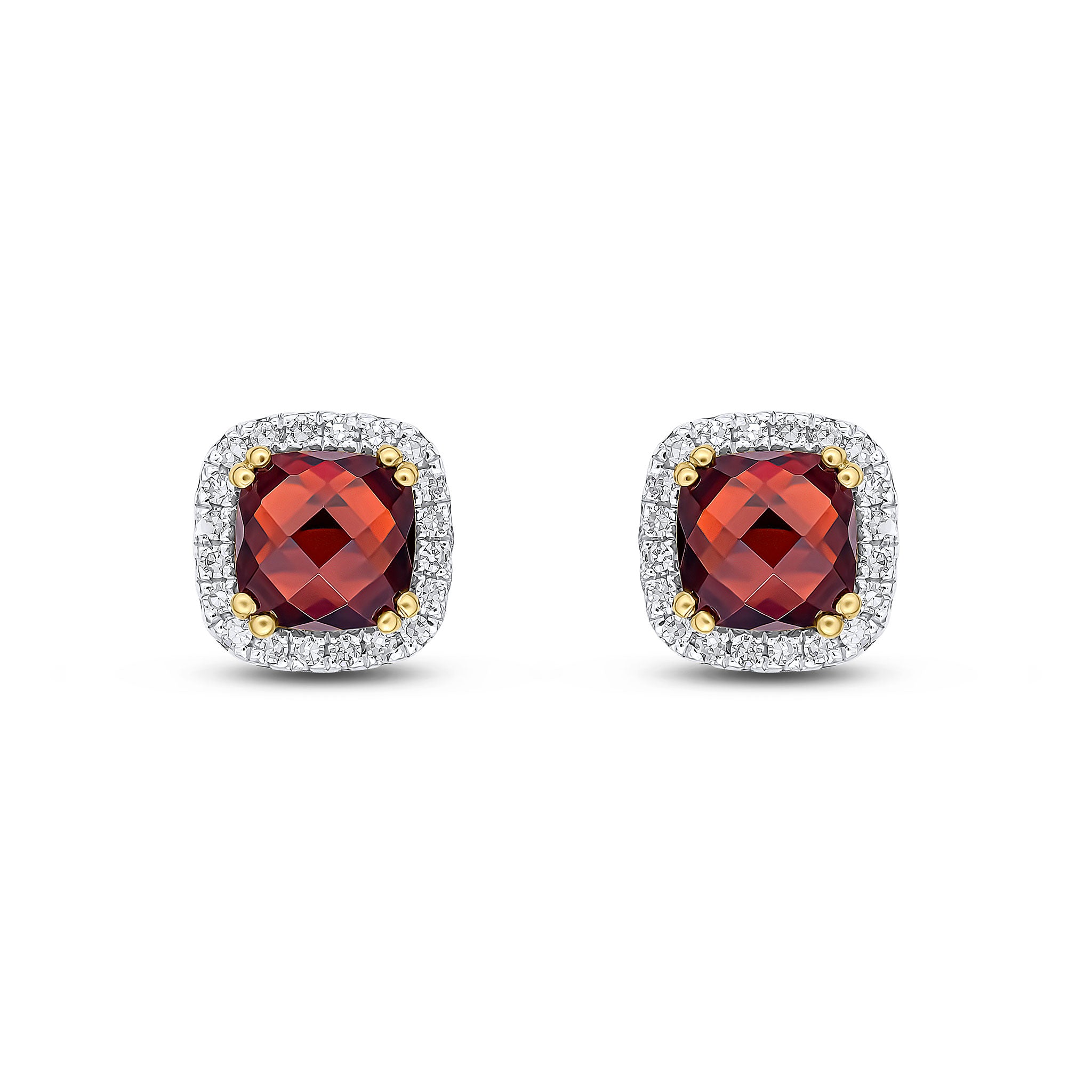 9ct Yellow Gold 5mm Checkerboard Cut Cushion Garnet & Diamond Cluster Earrings Rhodium to Diamonds