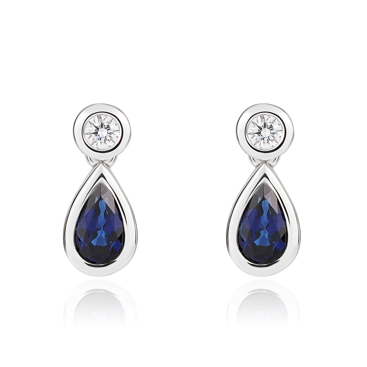 18ct White Gold Pear Shape Sapphire and Round Diamond Rubover 2 Stone Drop Earrings