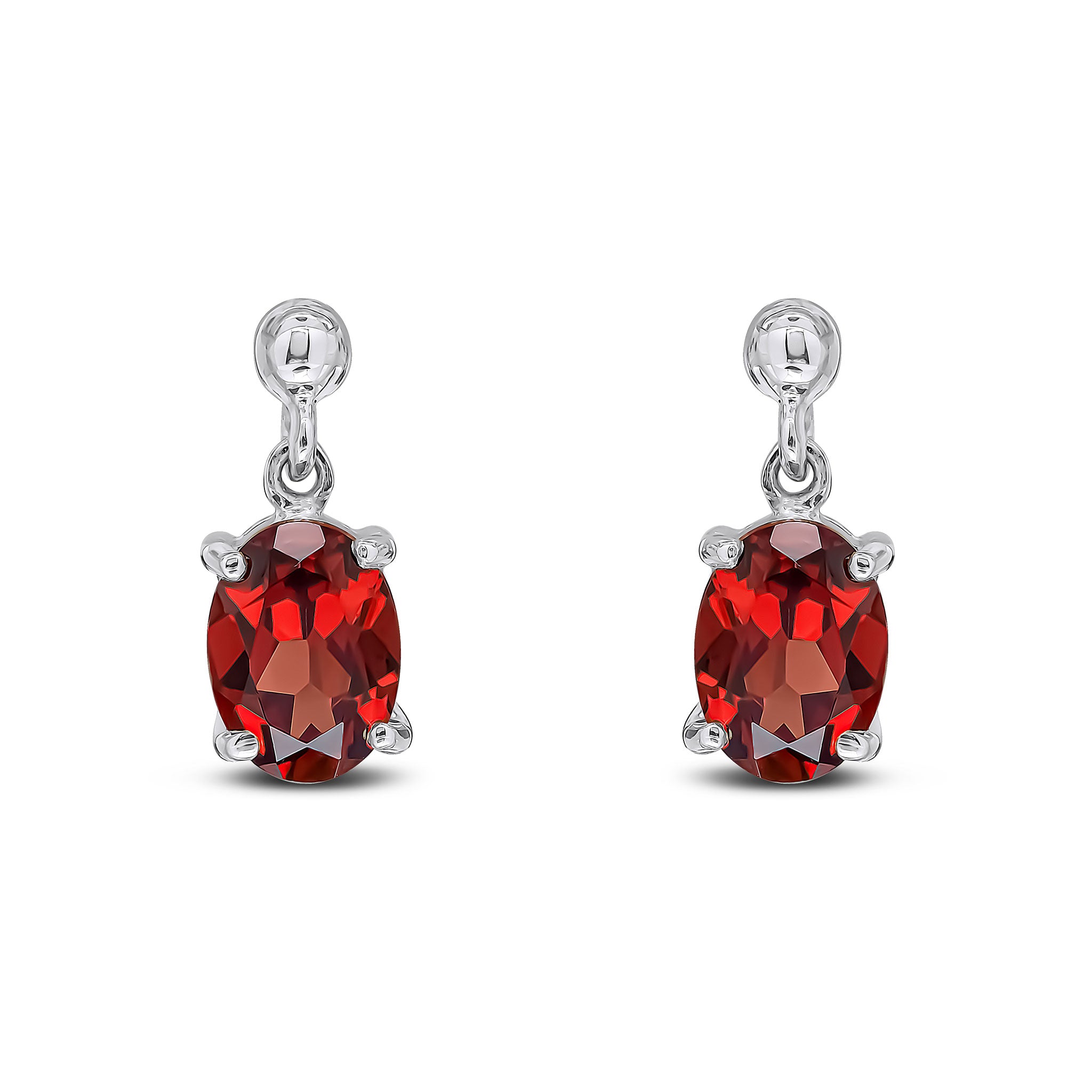 9ct White Gold Oval 7x5mm Garnet Claw Drop Earrings with Bead Top