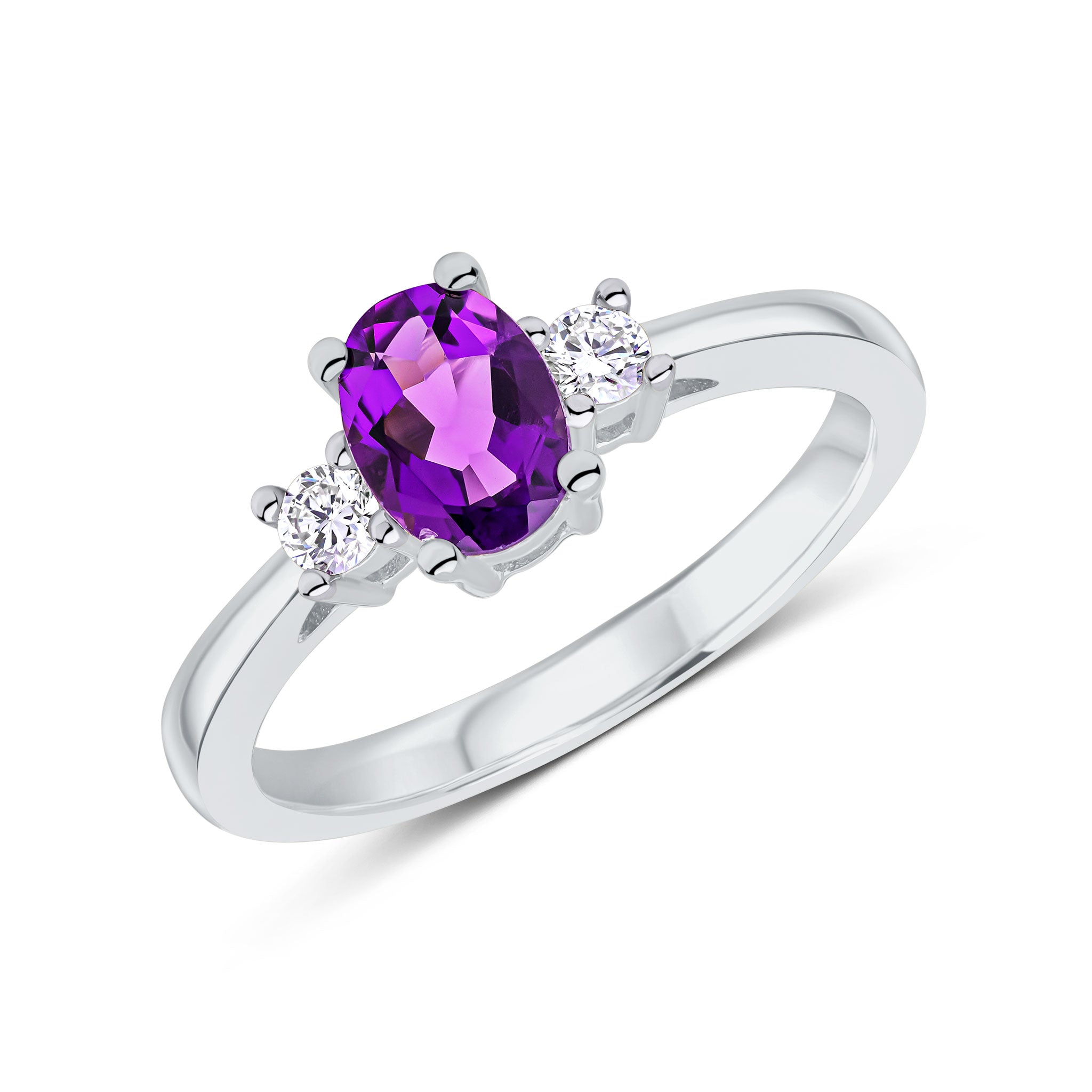 9ct White Gold 7x5 Oval Amethyst and Round Diamond Claw Set 3 Stone Ring