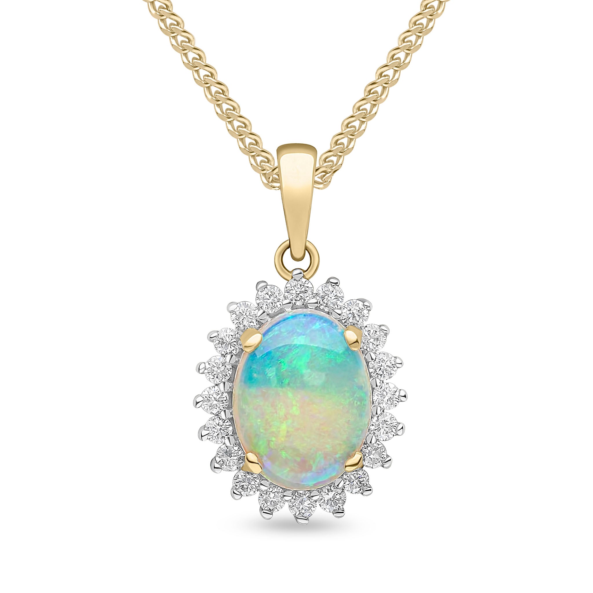 18ct Yellow Gold 9x7 Oval Opal & Round Diamond Claw Set Cluster Pendant Rhodium to Diamonds