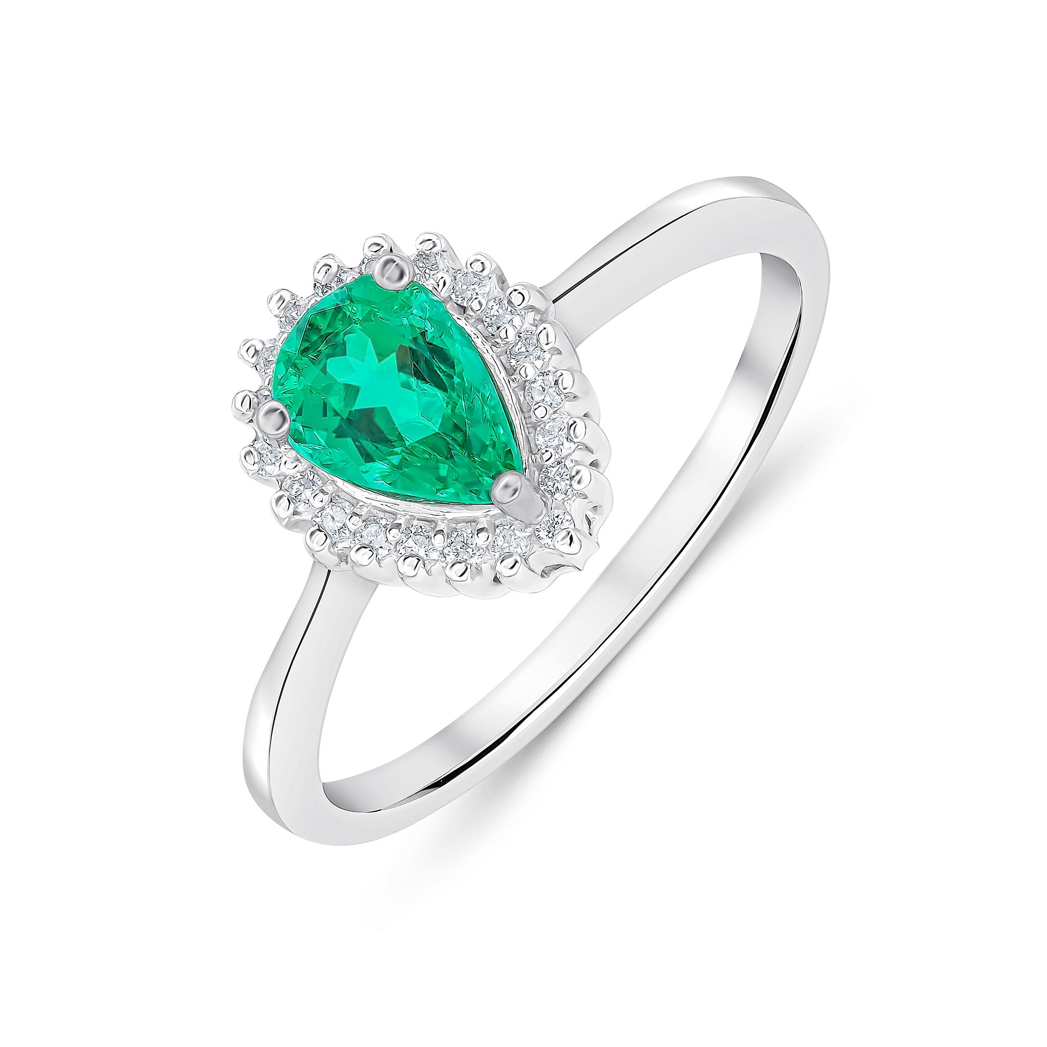 9ct White Gold 7x5mm Pear Shape Emerald & Diamond Claw Set Cluster Ring