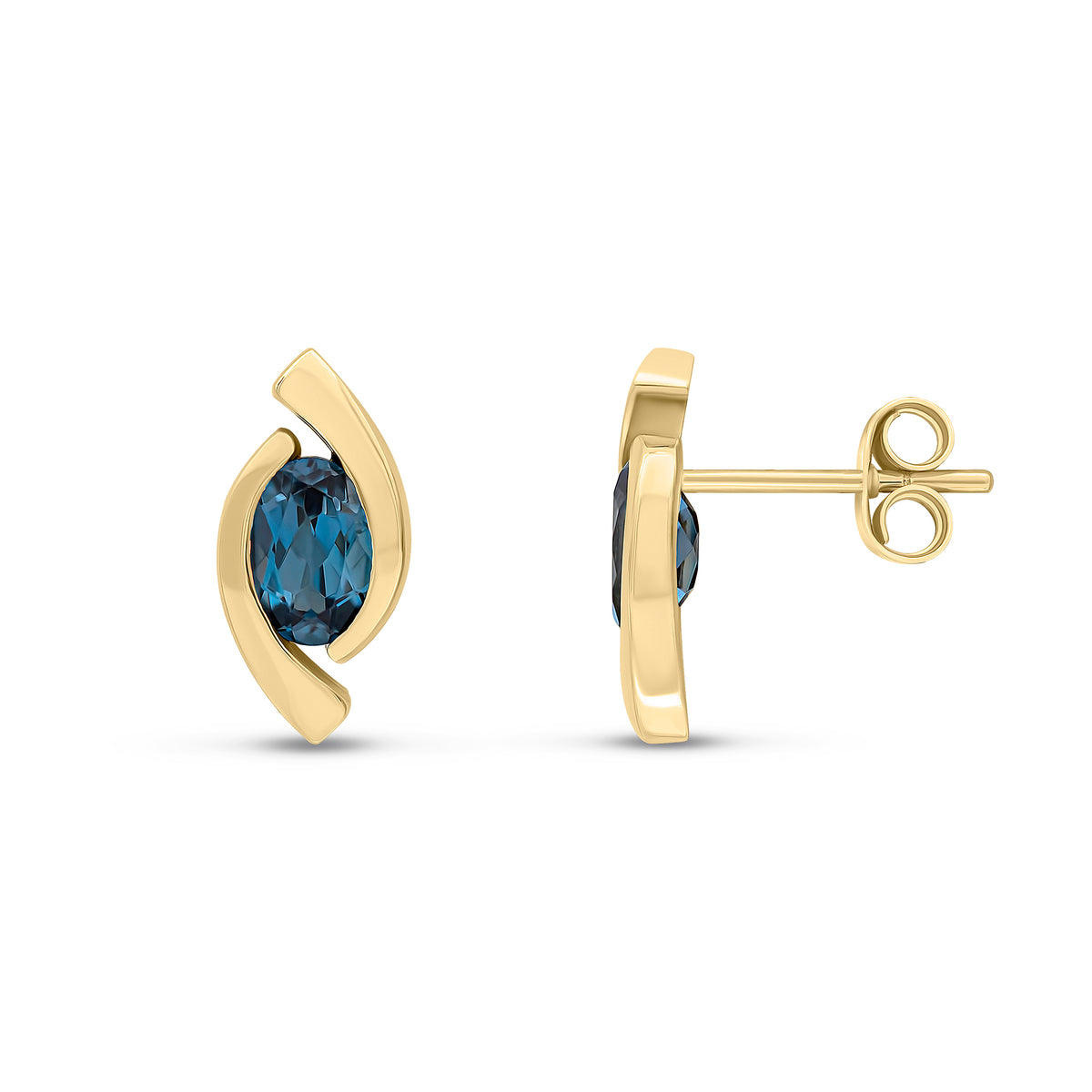 9ct Yellow Gold 6x4 Oval London Blue Topaz 'eye' Stud Earrings