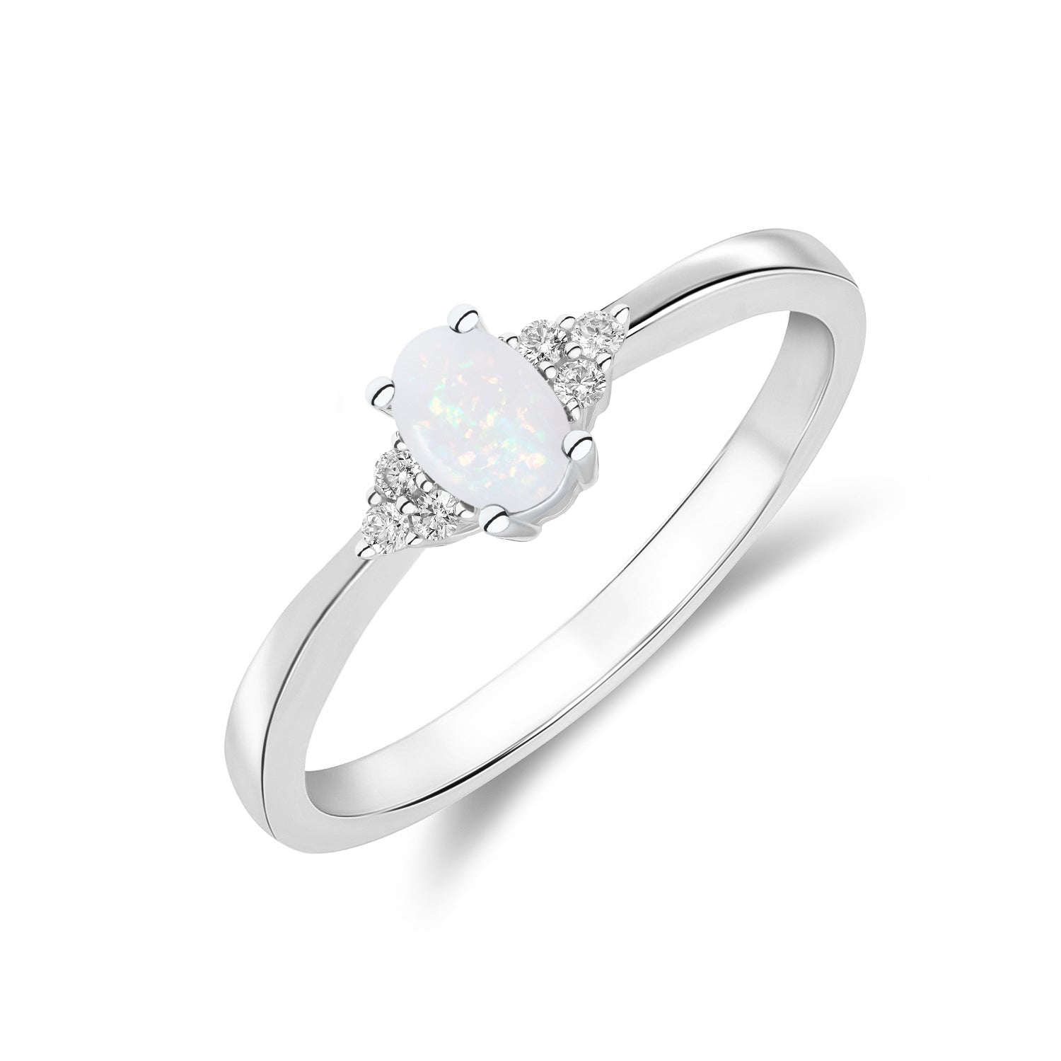 9ct White Gold 6x4 Oval Opal & Round Diamond Trefoil Shoulders Claw Set Ring