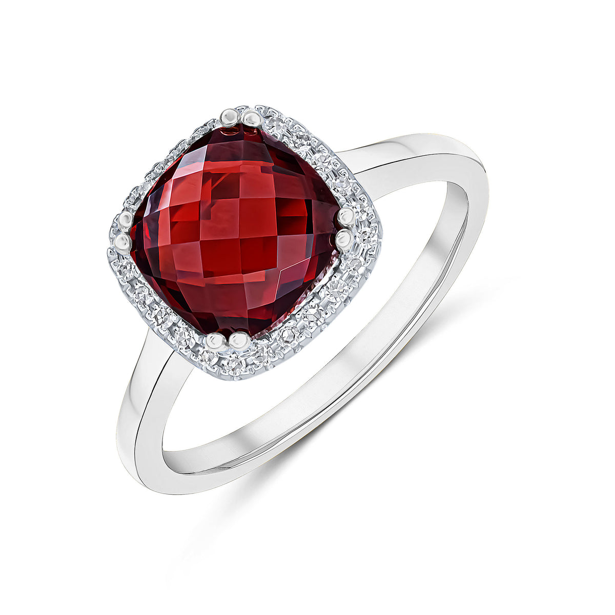 9ct White Gold 8mm Checkerboard Cut Cushion Garnet and Round Diamond Claw Set Cluster Ring