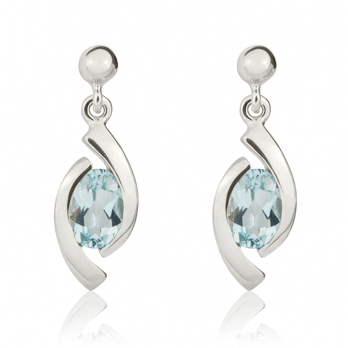 9ct White Gold 6x4 Oval Aquamarine 'eye' Drop Earrings with 3mm Bead Top