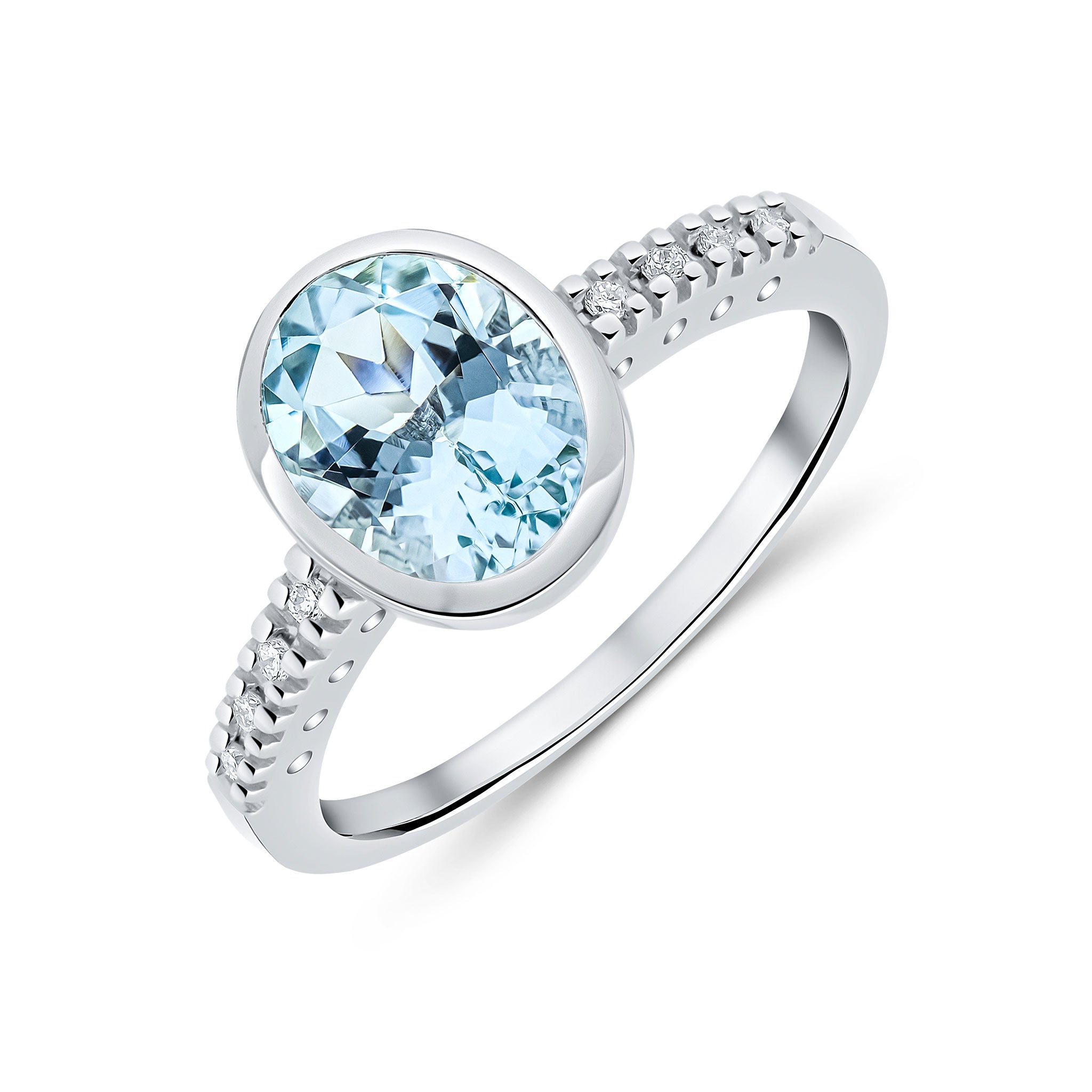 9ct White Gold Rubover 9x7 Oval Aquamarine Single Stone Ring with Claw Set Diamond Shoulders