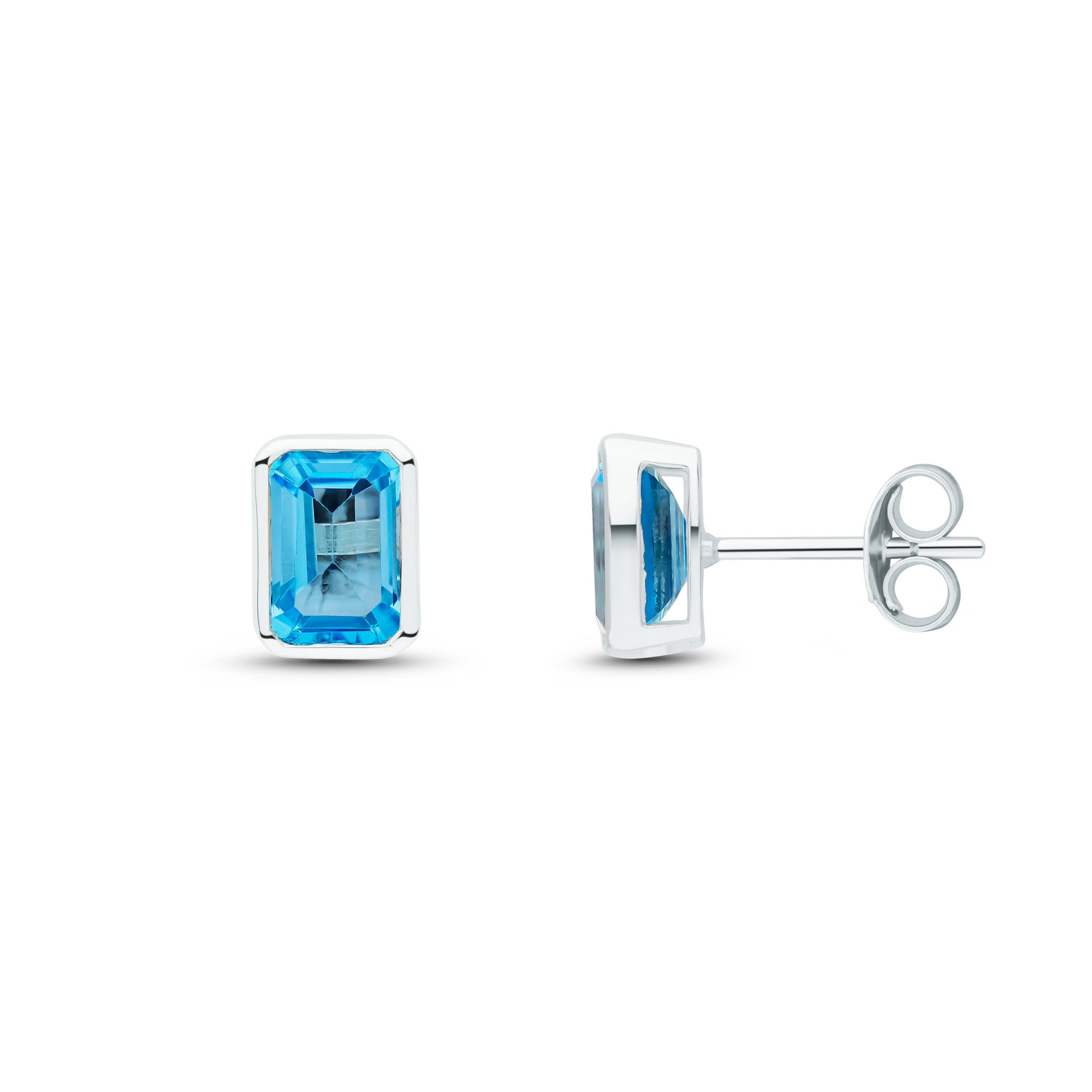 9ct White Gold 7x5 Octagon Swiss Blue Topaz Rubover Set Earstuds