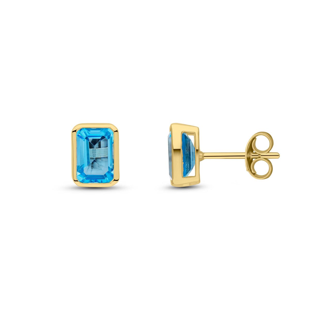 9ct Yellow Gold 7x5 Octagon Swiss Blue Topaz Rubover Set Earstuds