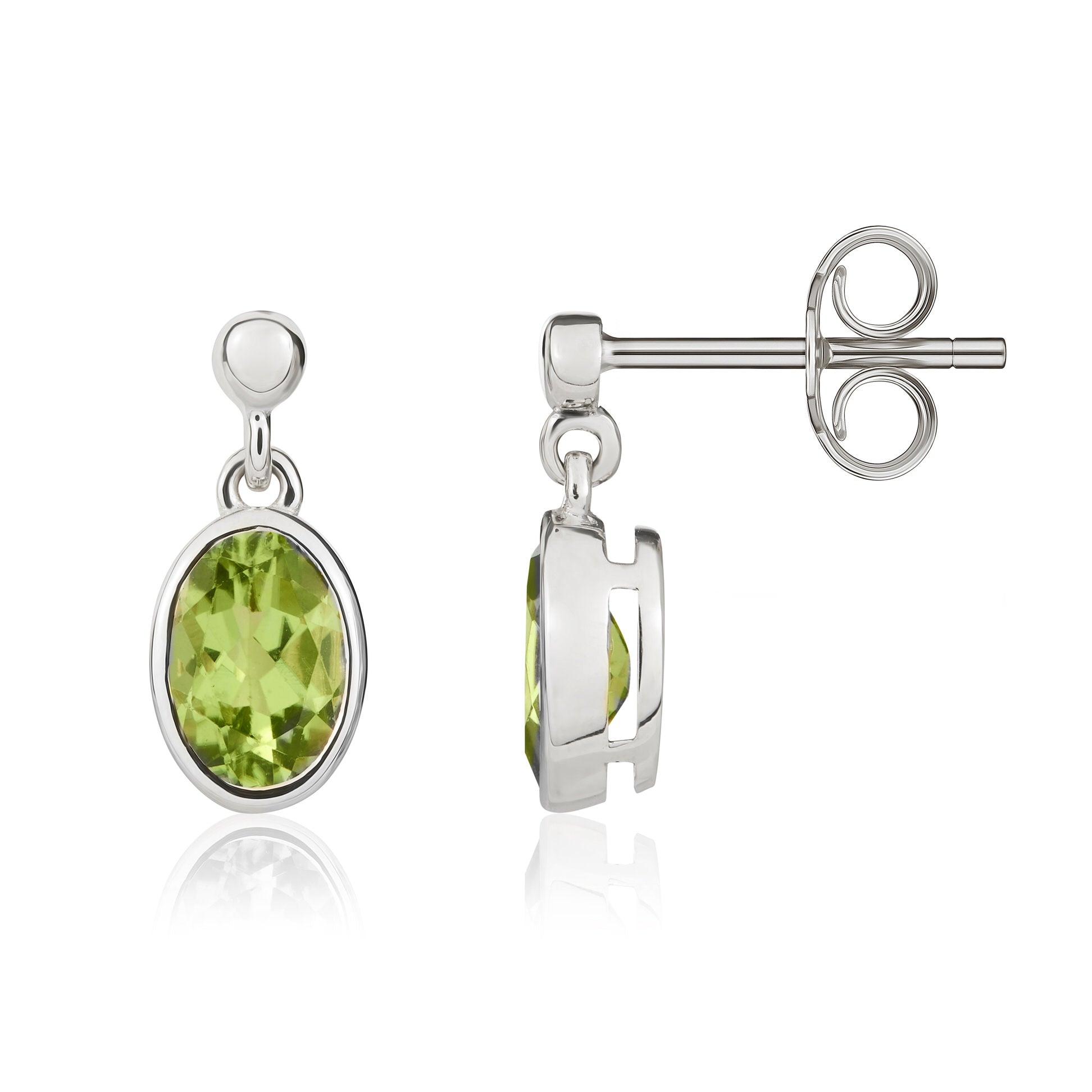 9ct white gold 7 x 5mm Oval Peridot Rubover Drop Earrings With Bead Top
