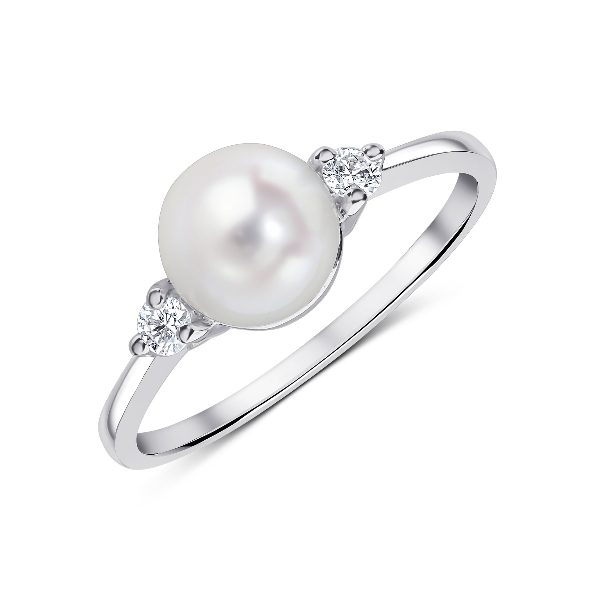 18ct White Gold 7-7.5mm Freshwater Cultured Pearl and Round Diamond Claw Set 3 Stone Ring
