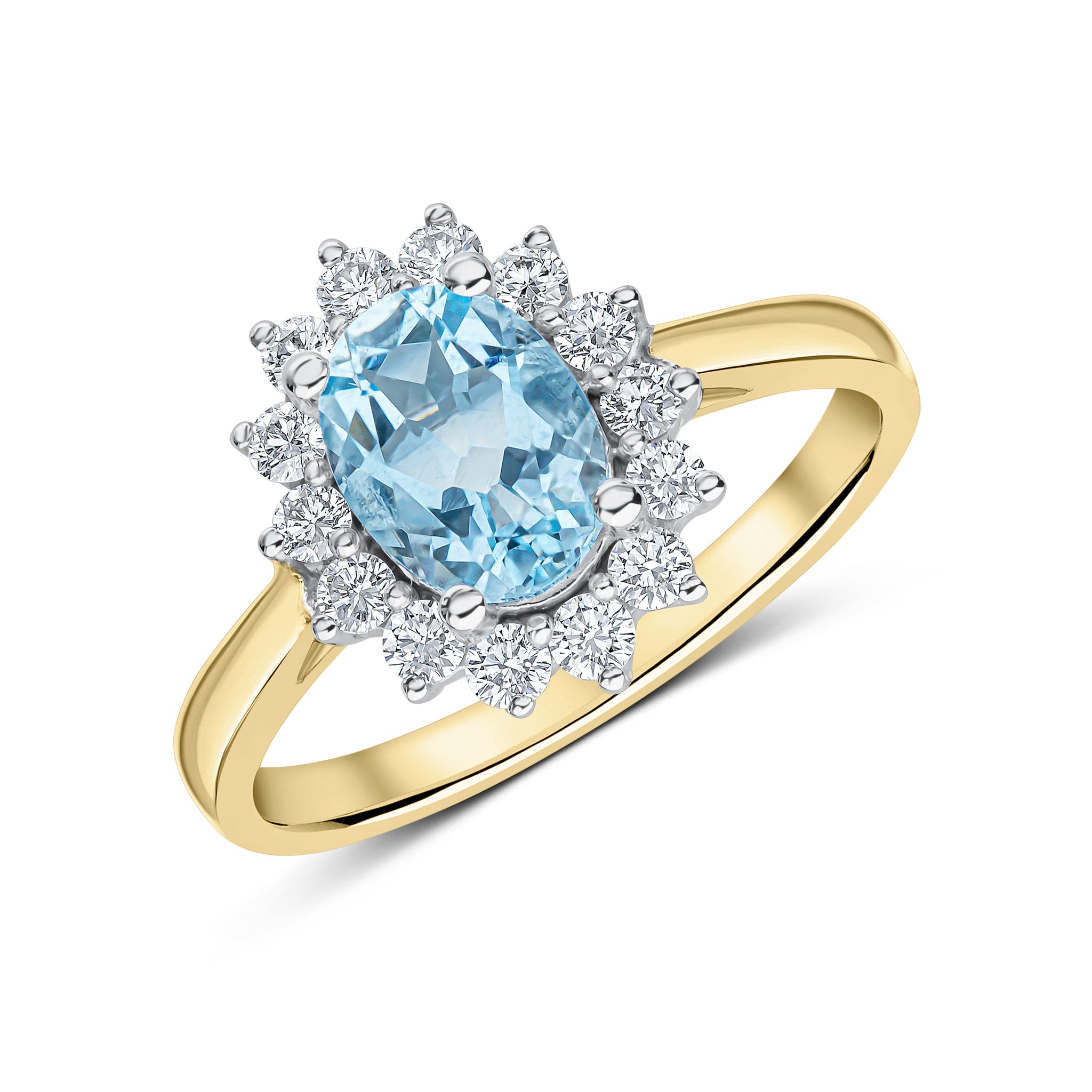18ct Ywg 8x6 Oval Aquamarine & Diamond Claw Set Cluster Ring