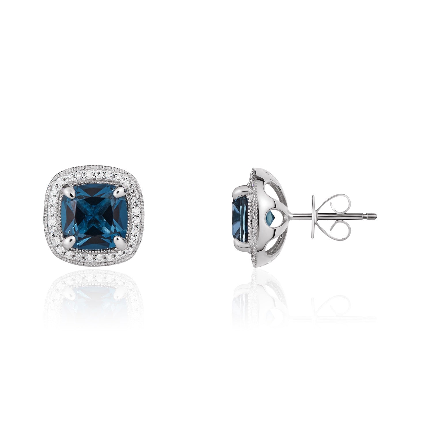 9ct White Gold 7mm Cushion London Blue Topaz and Diamond Cluster Earrings with Milgrain Edge