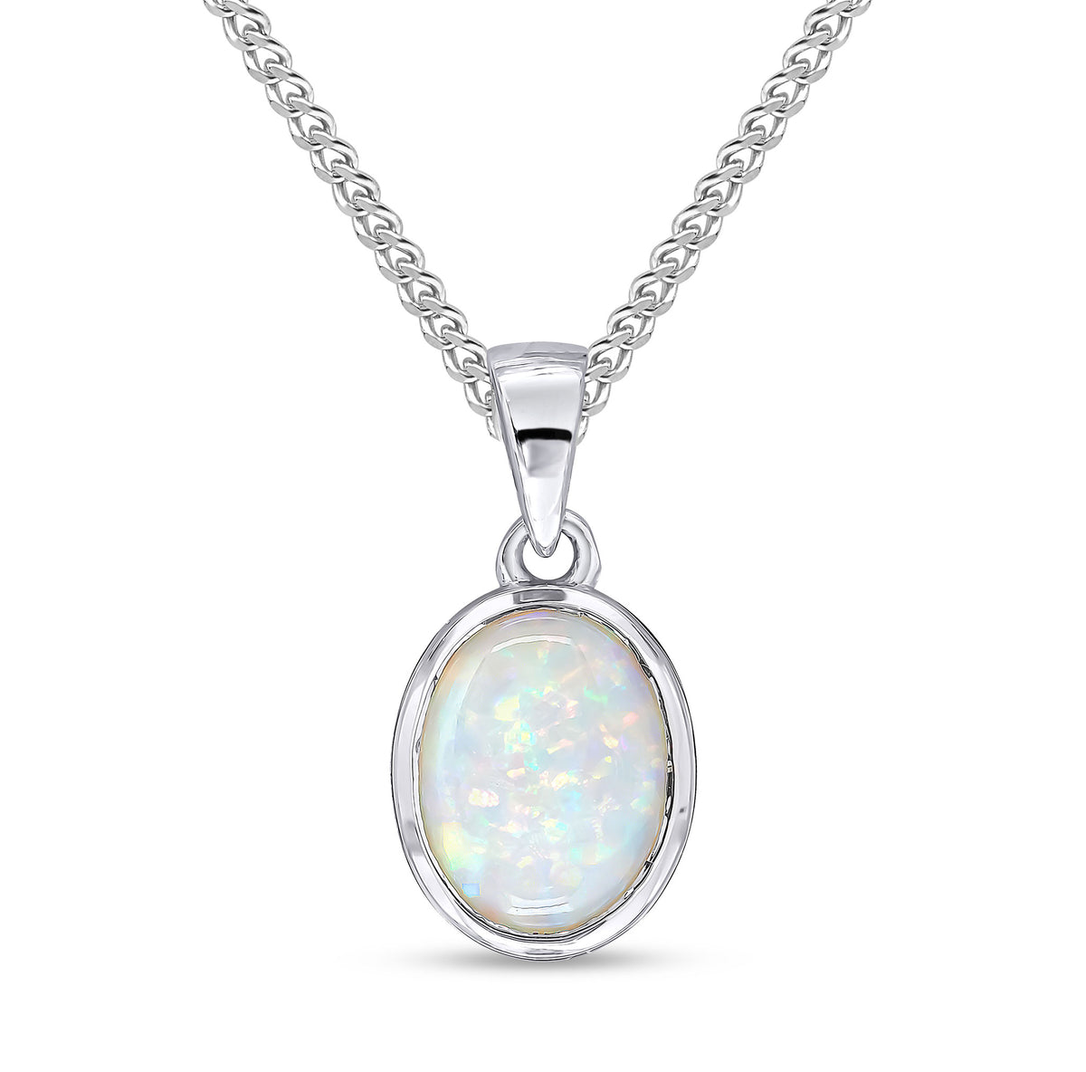 9ct White Gold 9x7mm Oval Opal Single Stone Rubover Pendant with Plain Loop