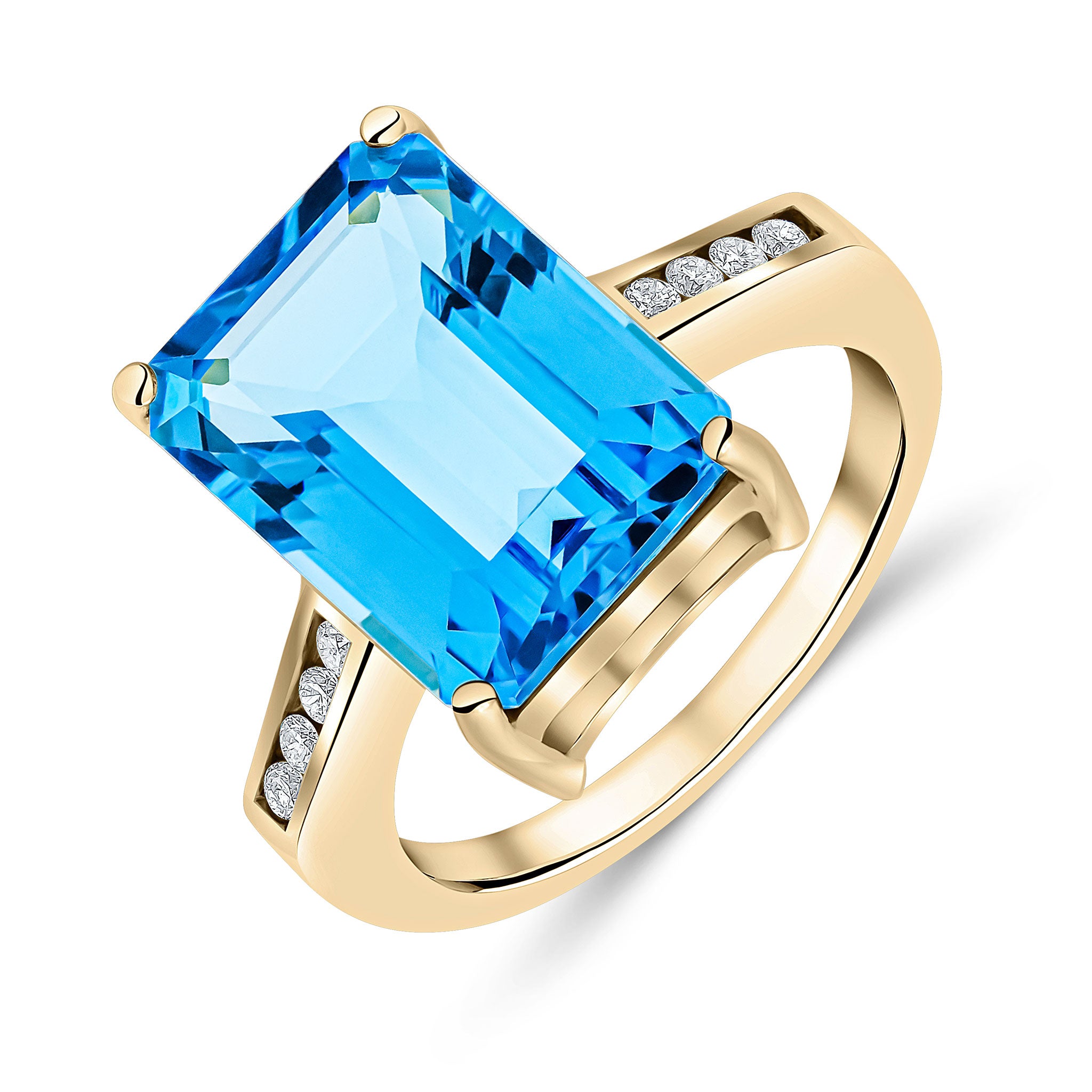 9ct Yellow Gold Claw Set 14x10 Octagon Swiss Blue Topaz Single Stone Ring with Round Diamond Channel Set Shoulders