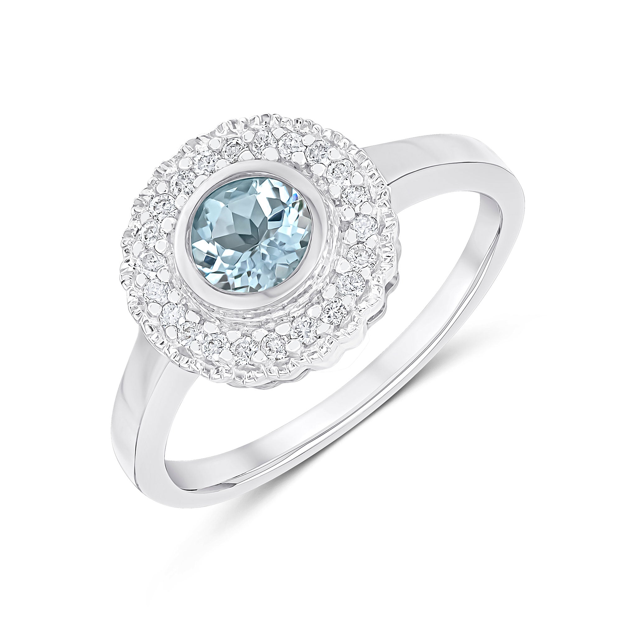 9ct White Gold Round Rubover Aquamarine and Milgrain Round Diamond Cluster Ring