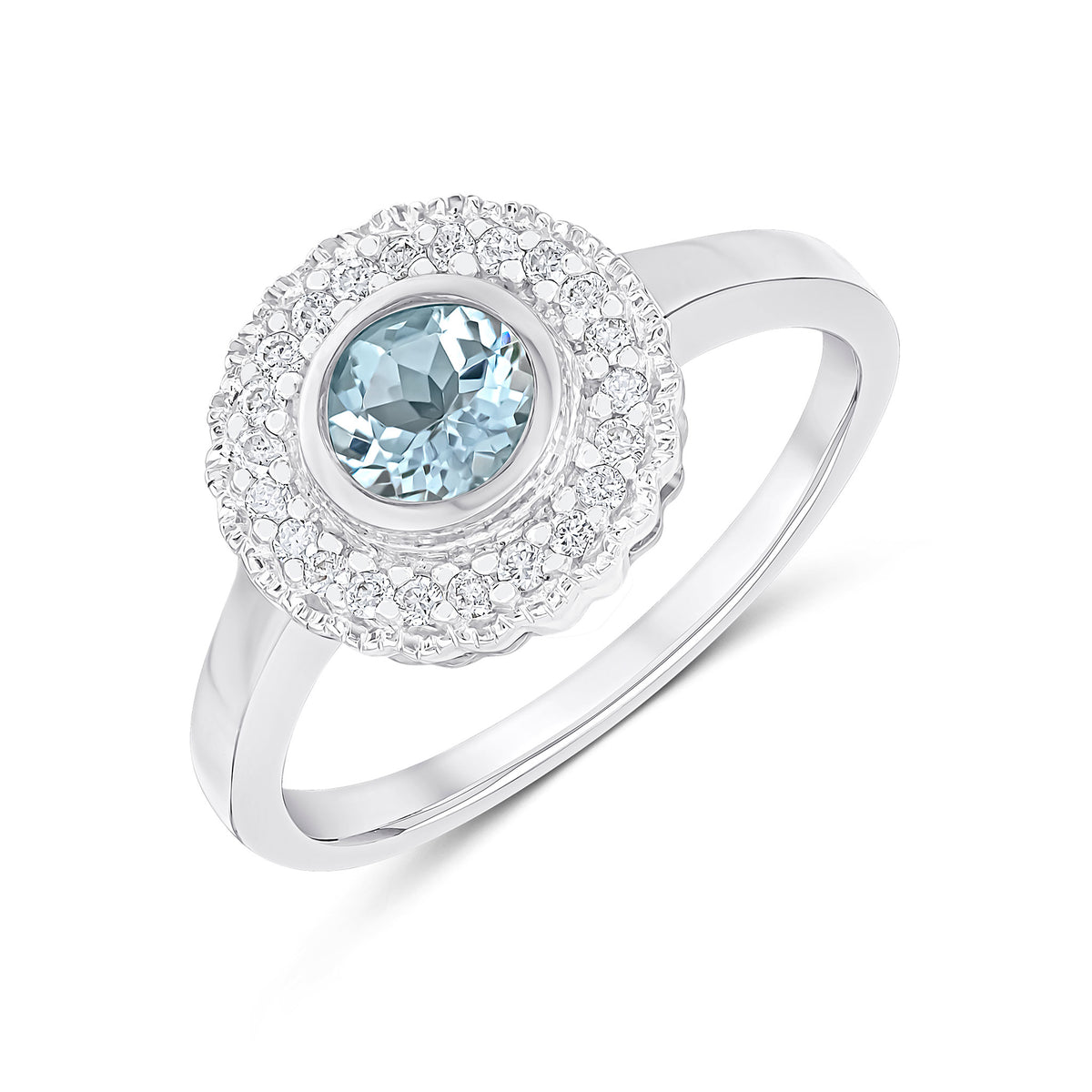 9ct White Gold Round Rubover Aquamarine and Milgrain Round Diamond Cluster Ring